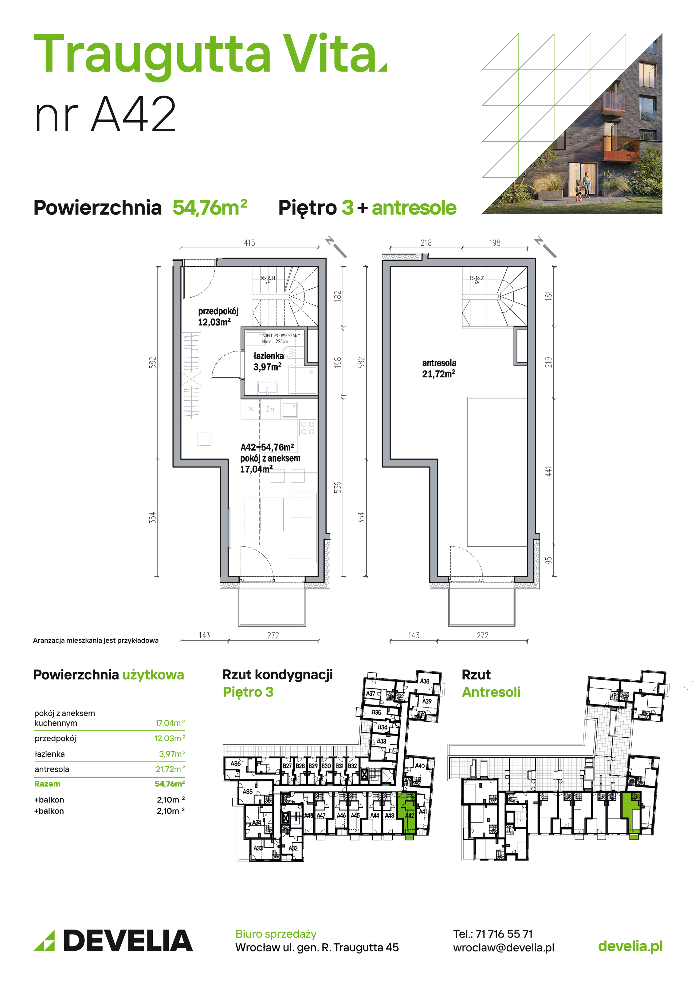 Mieszkanie 54,76 m², piętro 3, oferta nr A42, Traugutta Vita, Wrocław, Przedmieście Oławskie, ul. Generała Romualda Traugutta 103-idx