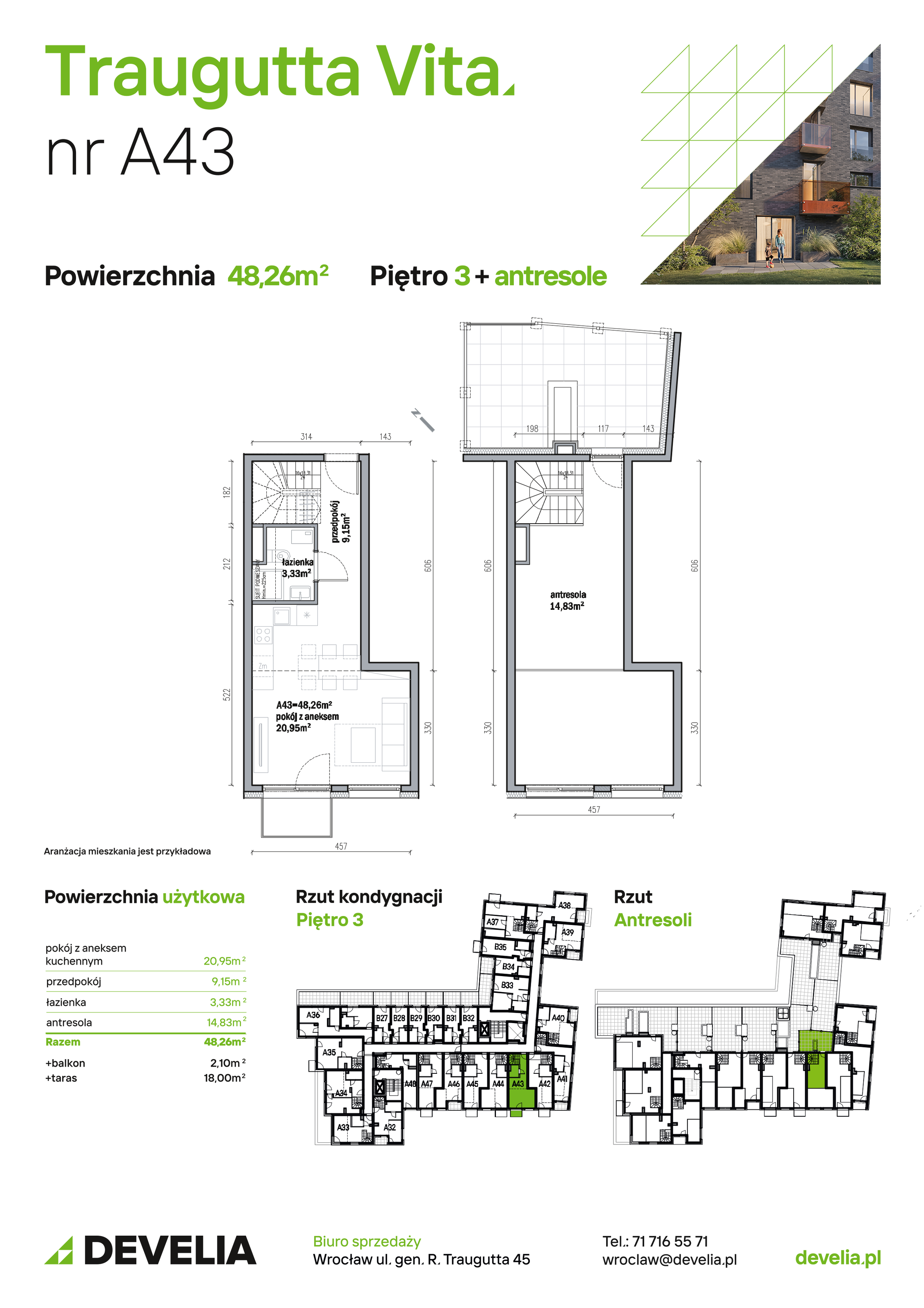 Mieszkanie 48,26 m², piętro 3, oferta nr A43, Traugutta Vita, Wrocław, Przedmieście Oławskie, ul. Generała Romualda Traugutta 103-idx