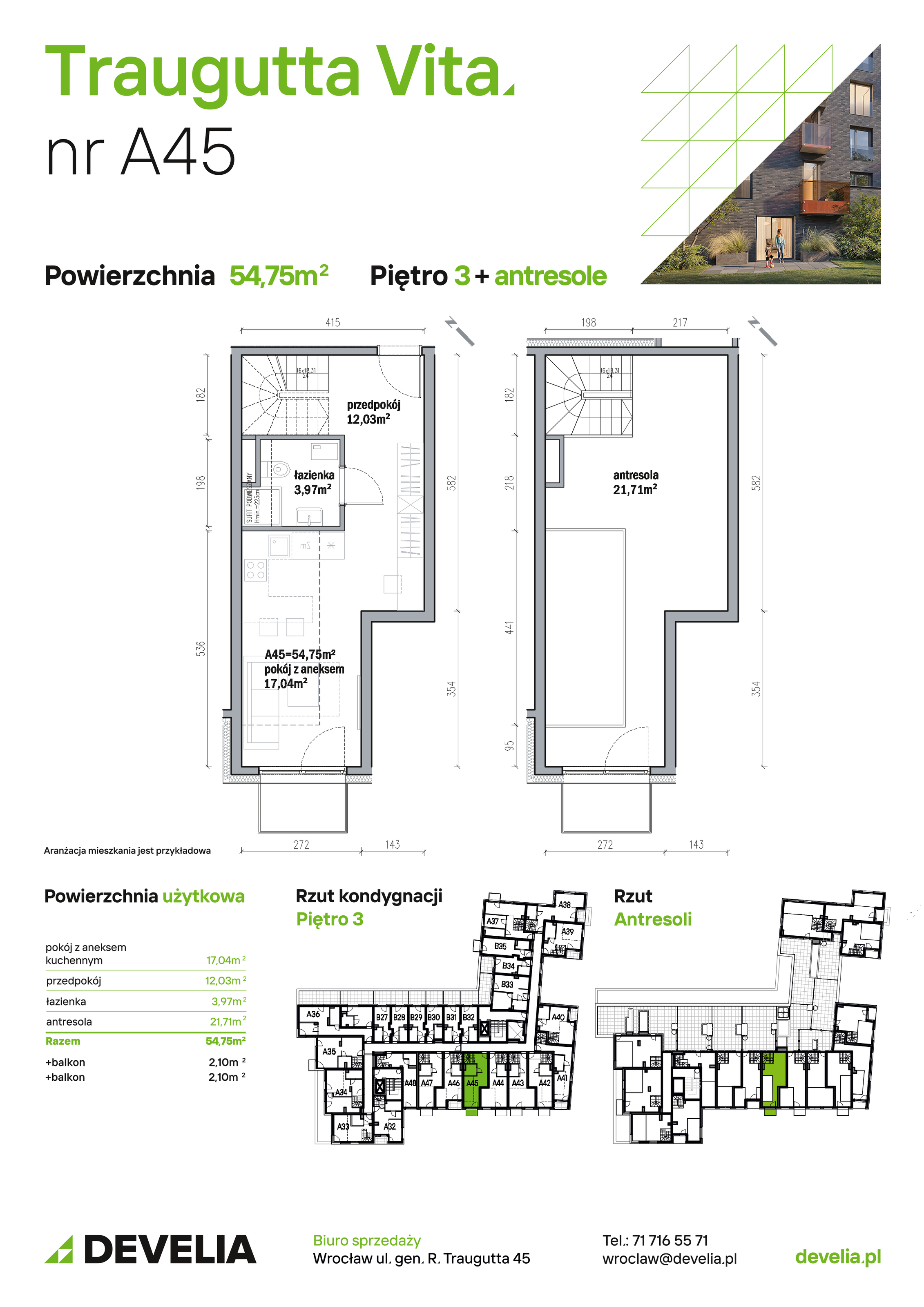 Mieszkanie 54,75 m², piętro 3, oferta nr A45, Traugutta Vita, Wrocław, Przedmieście Oławskie, ul. Generała Romualda Traugutta 103-idx