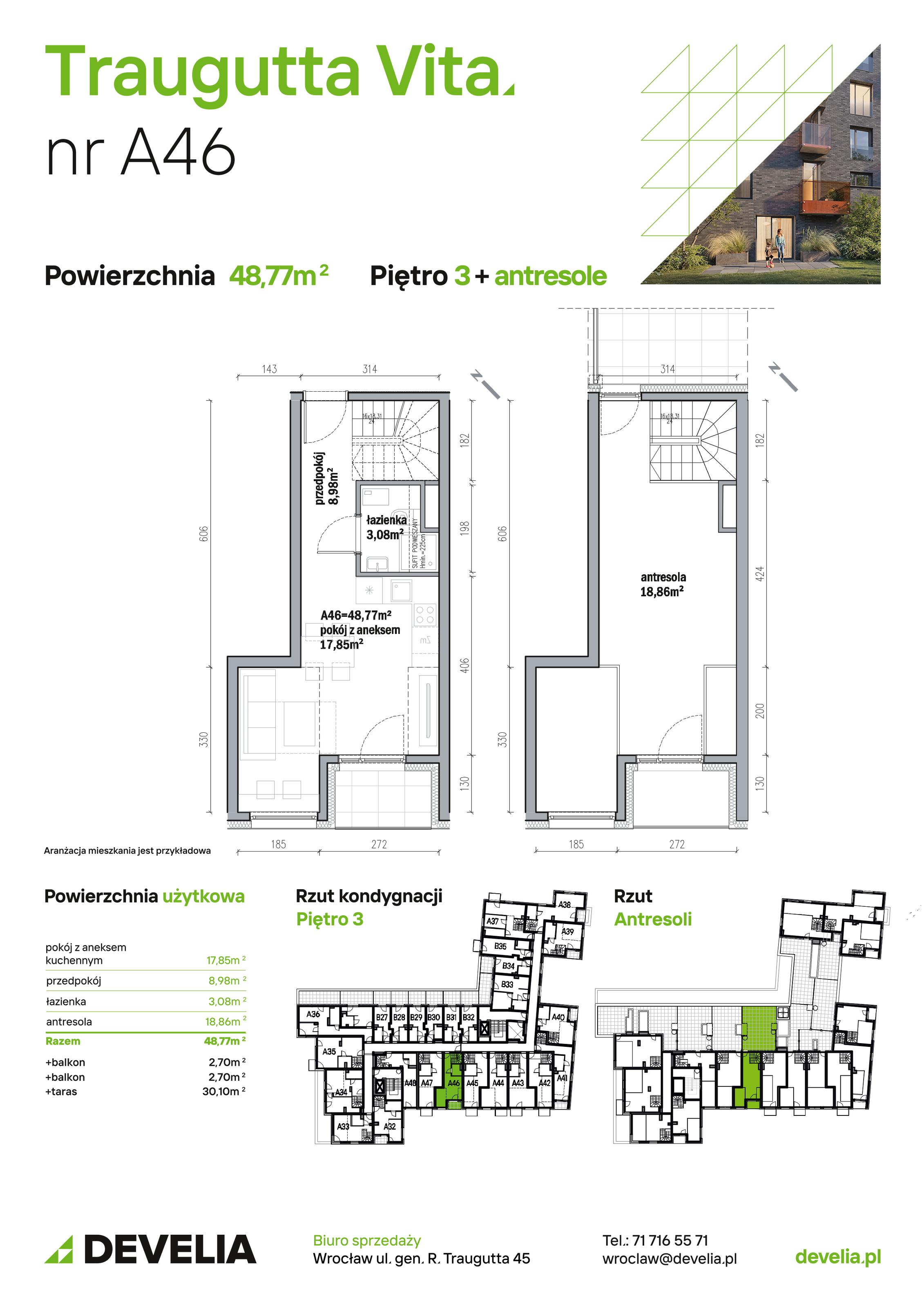 Mieszkanie 48,77 m², piętro 3, oferta nr A46, Traugutta Vita, Wrocław, Przedmieście Oławskie, ul. Generała Romualda Traugutta 103-idx