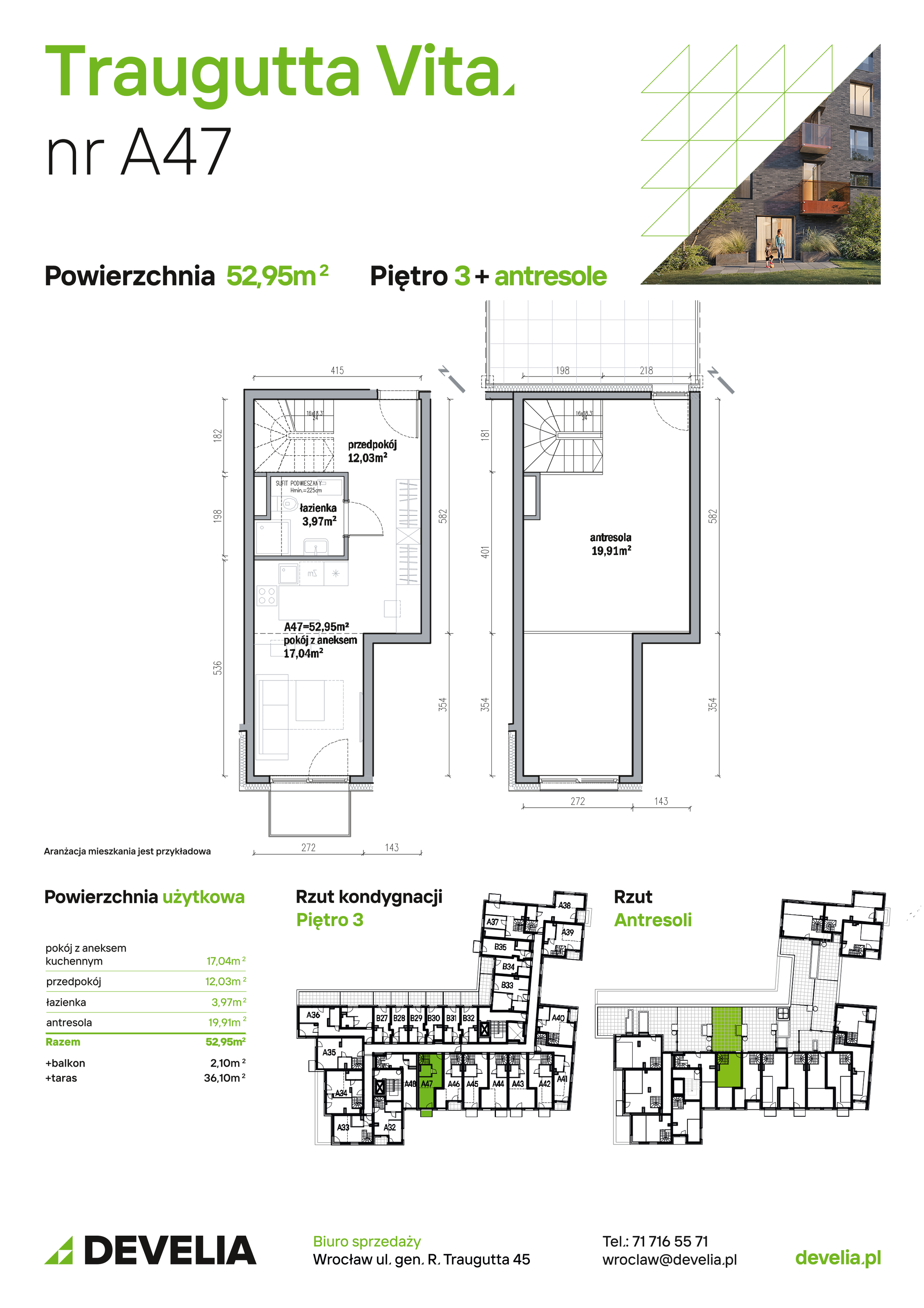 Mieszkanie 52,95 m², piętro 3, oferta nr A47, Traugutta Vita, Wrocław, Przedmieście Oławskie, ul. Generała Romualda Traugutta 103-idx