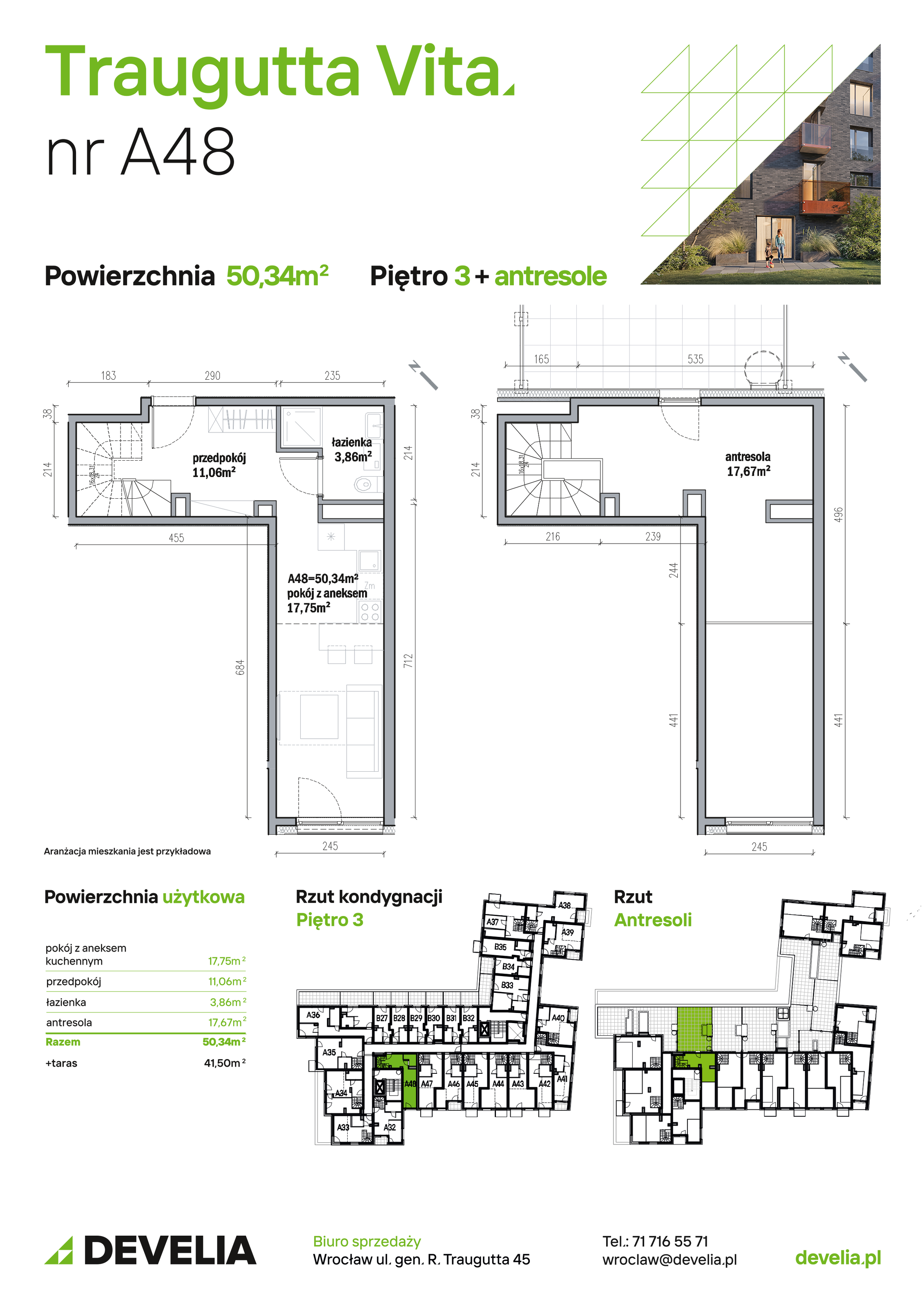 Mieszkanie 50,34 m², piętro 3, oferta nr A48, Traugutta Vita, Wrocław, Przedmieście Oławskie, ul. Generała Romualda Traugutta 103-idx