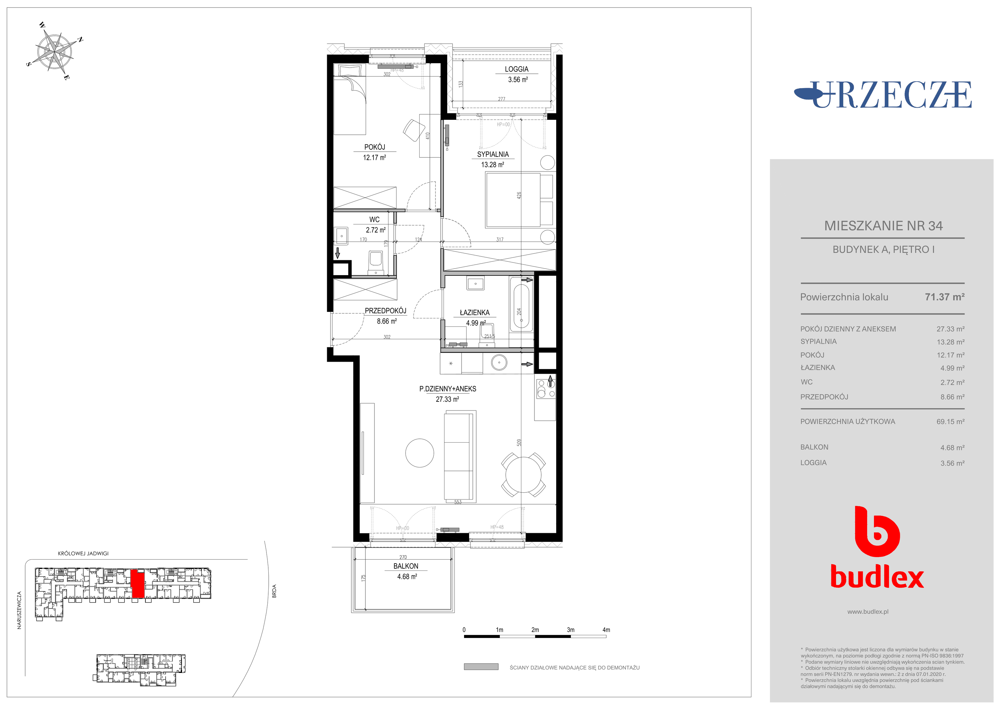 Mieszkanie 71,37 m², piętro 1, oferta nr A.34, Urzecze II, Bydgoszcz, Śródmieście, ul. Królowej Jadwigi 18-idx