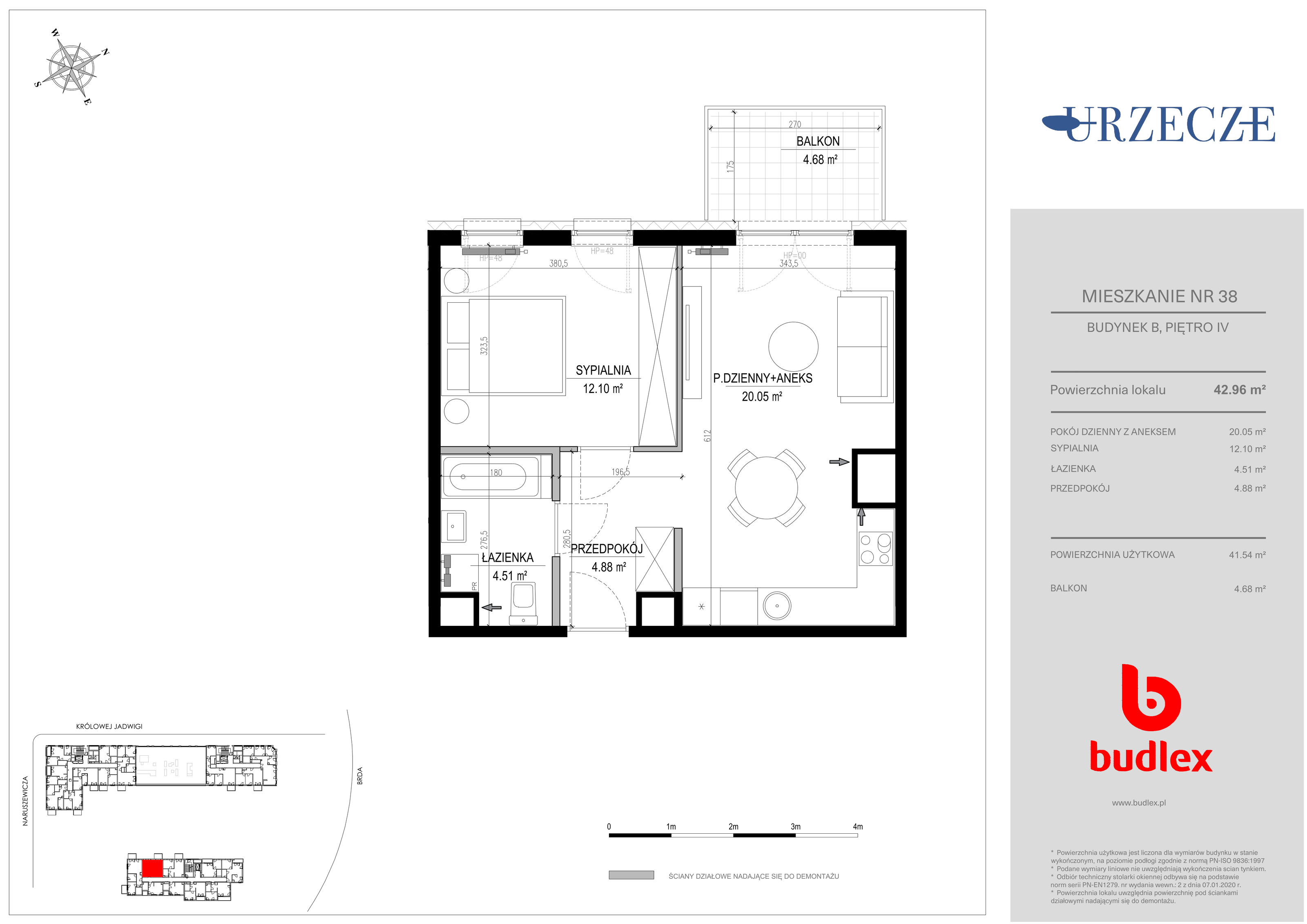 Mieszkanie 42,96 m², piętro 4, oferta nr B.38, Urzecze II, Bydgoszcz, Śródmieście, ul. Królowej Jadwigi 18-idx