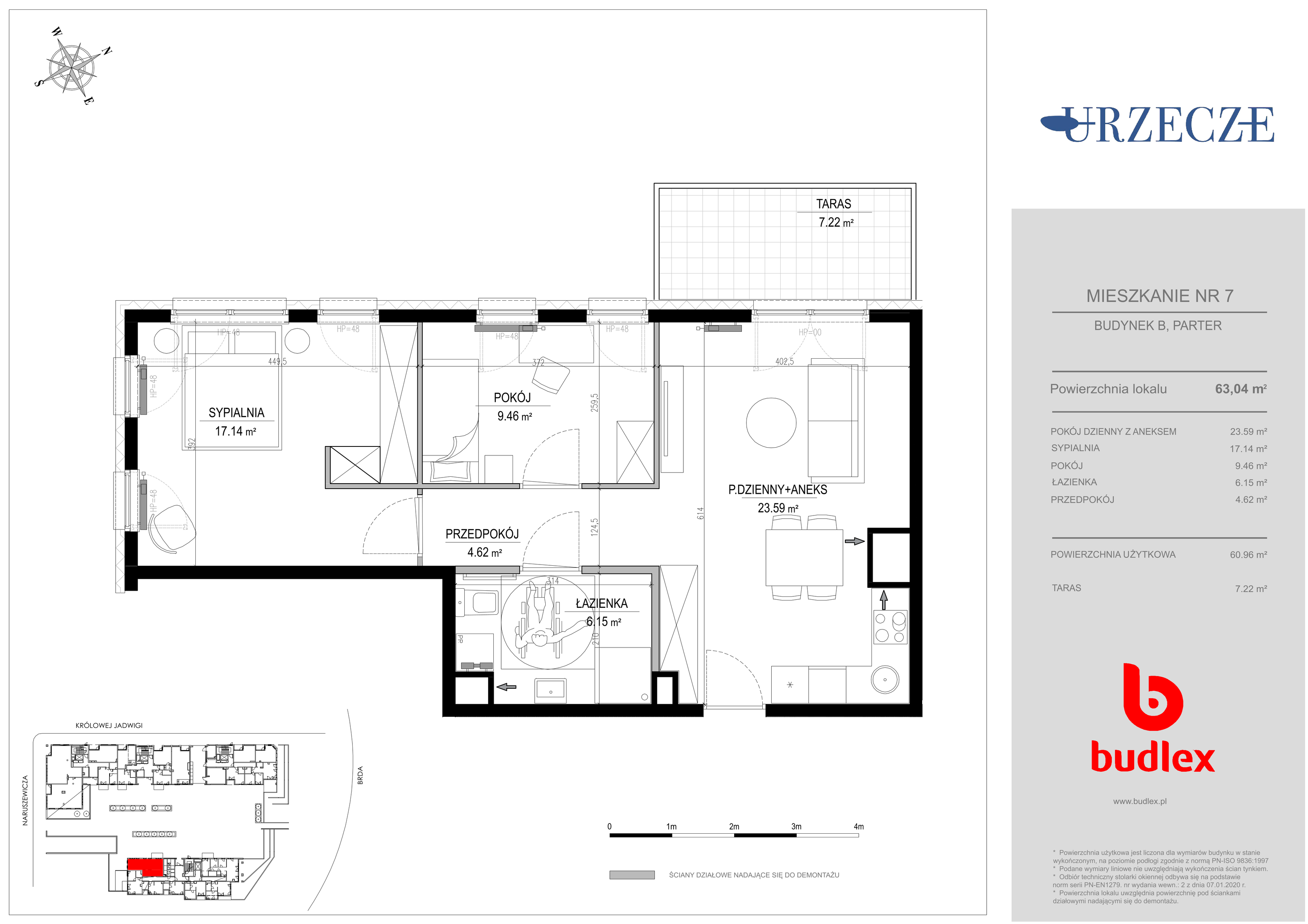 Mieszkanie 63,04 m², parter, oferta nr B.7, Urzecze II, Bydgoszcz, Śródmieście, ul. Królowej Jadwigi 18-idx