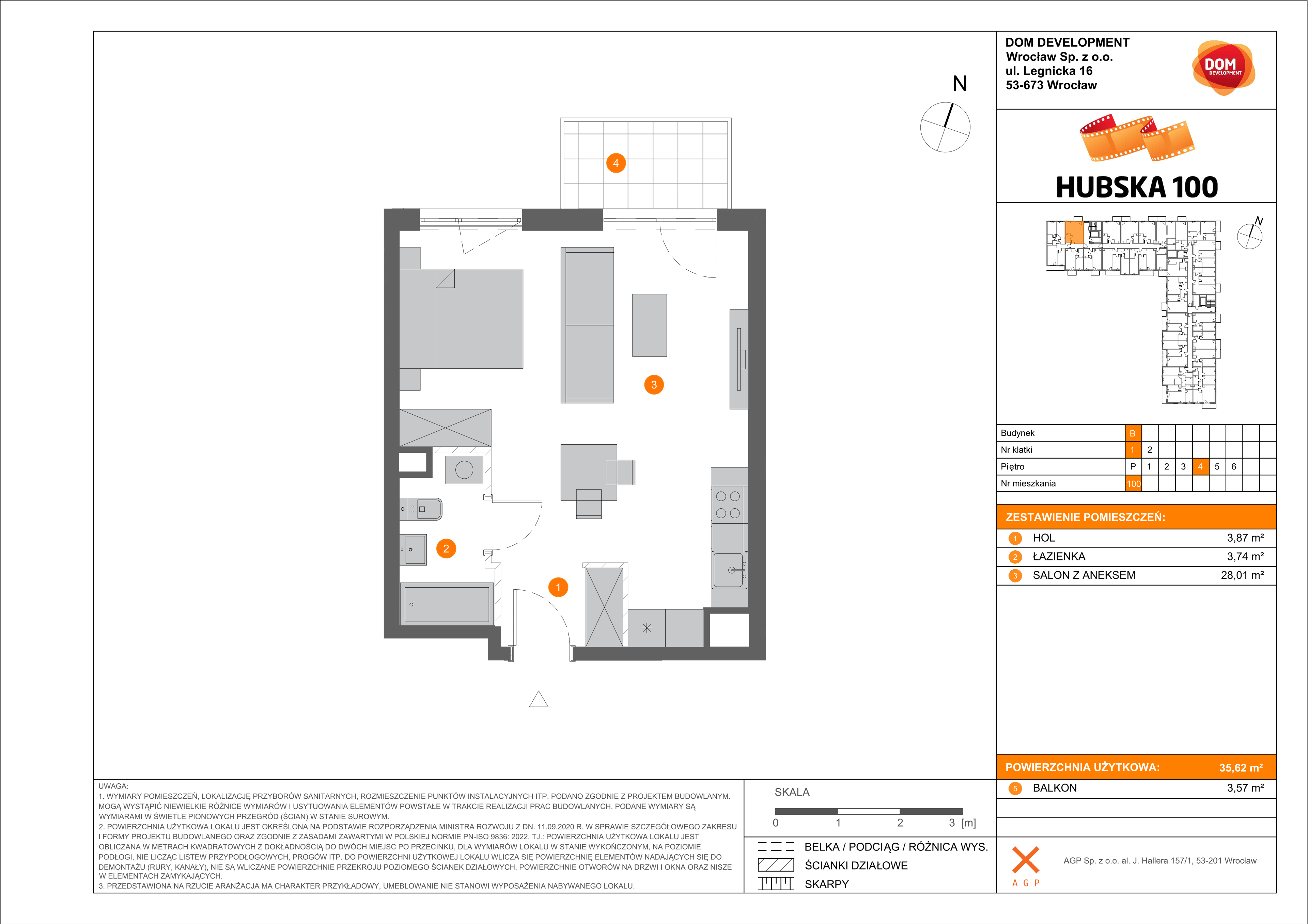 Mieszkanie 35,62 m², piętro 4, oferta nr B/100, Hubska 100, Wrocław, Huby, Krzyki, ul. Hubska 100-idx