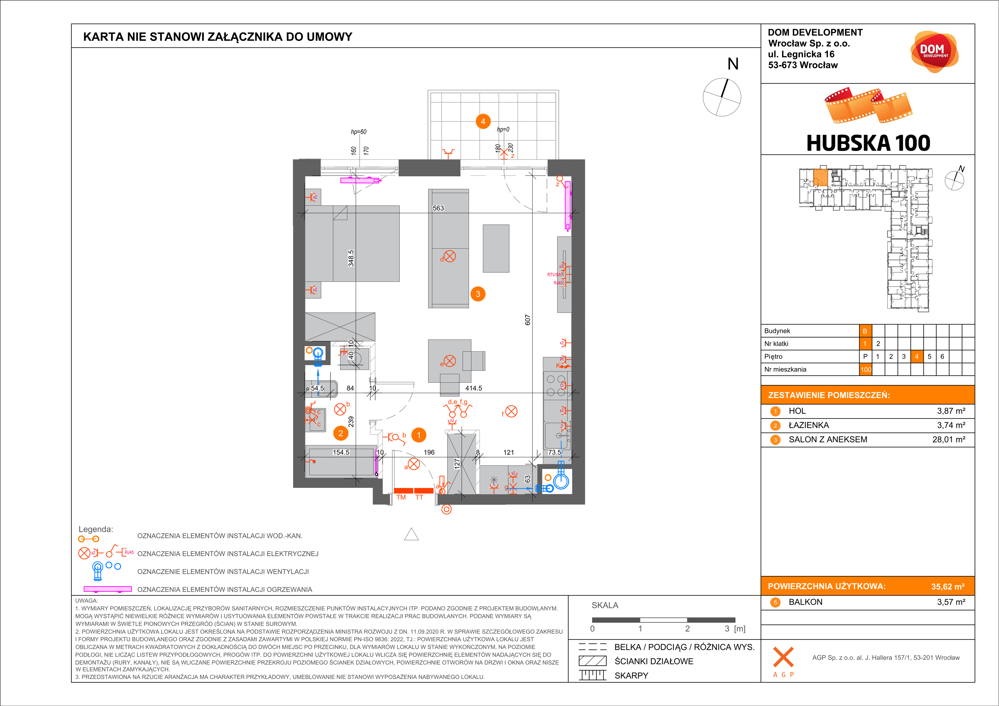 Mieszkanie 35,62 m², piętro 4, oferta nr B/100, Hubska 100, Wrocław, Huby, Krzyki, ul. Hubska 100-idx