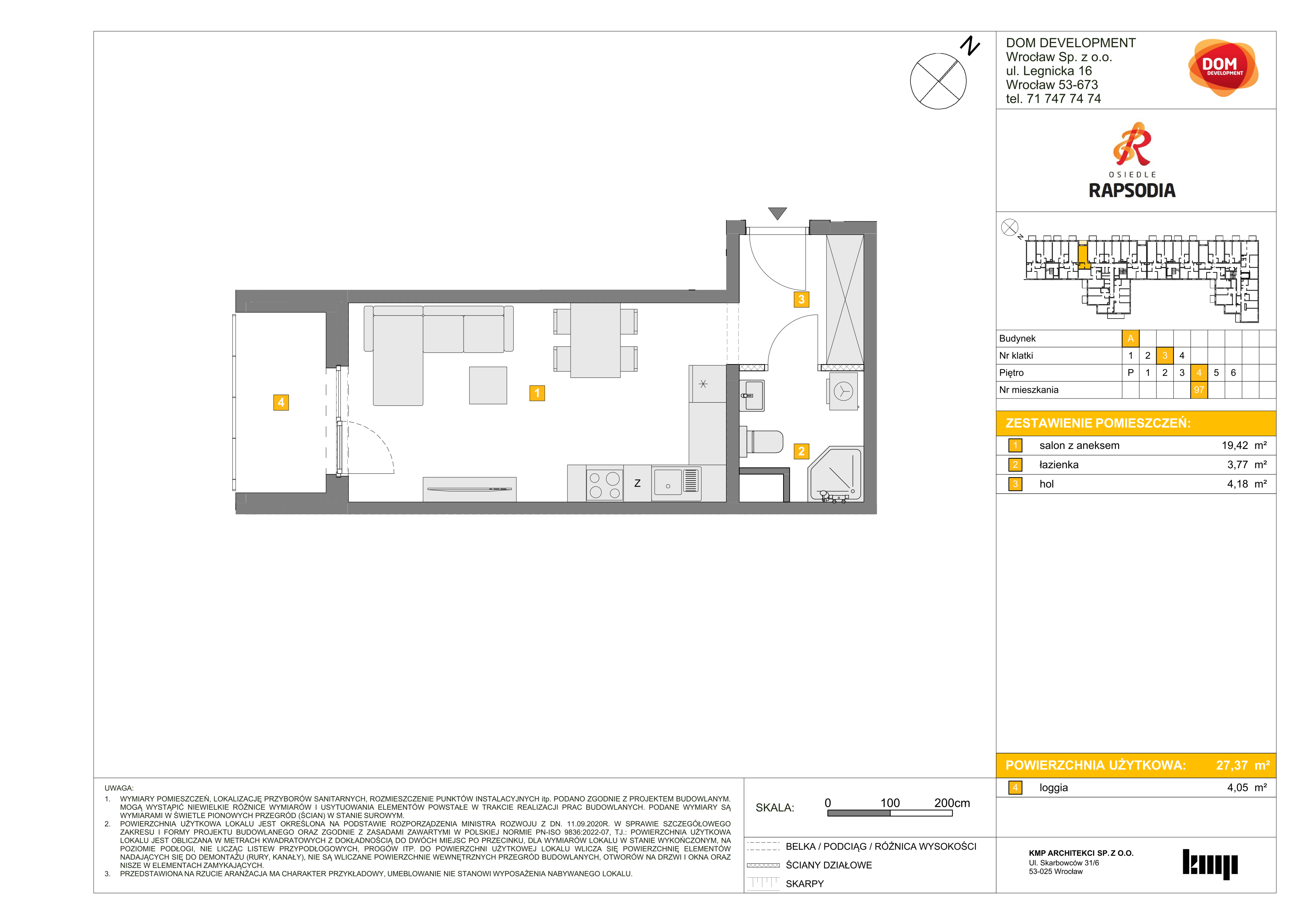 Mieszkanie 27,37 m², piętro 4, oferta nr A/97, Osiedle Rapsodia, Wrocław, Karłowice-Różanka, Różanka, ul. Wołowska 5-idx