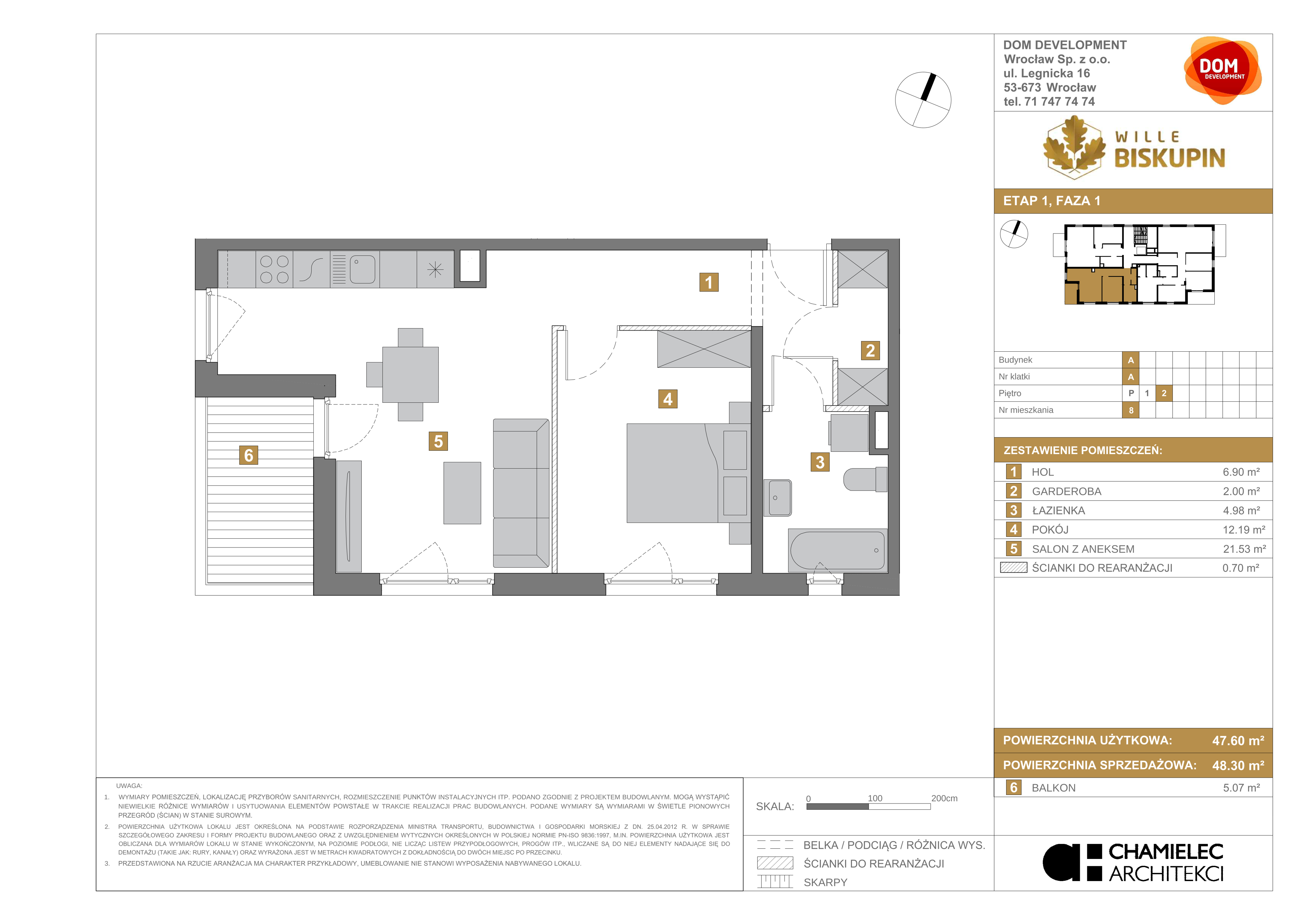 Mieszkanie 48,30 m², piętro 2, oferta nr A/8, Wille Biskupin, Wrocław, Biskupin-Sępolno-Dąbie-Bartoszowice, Śródmieście, ul. Braci Gierymskich 156-idx