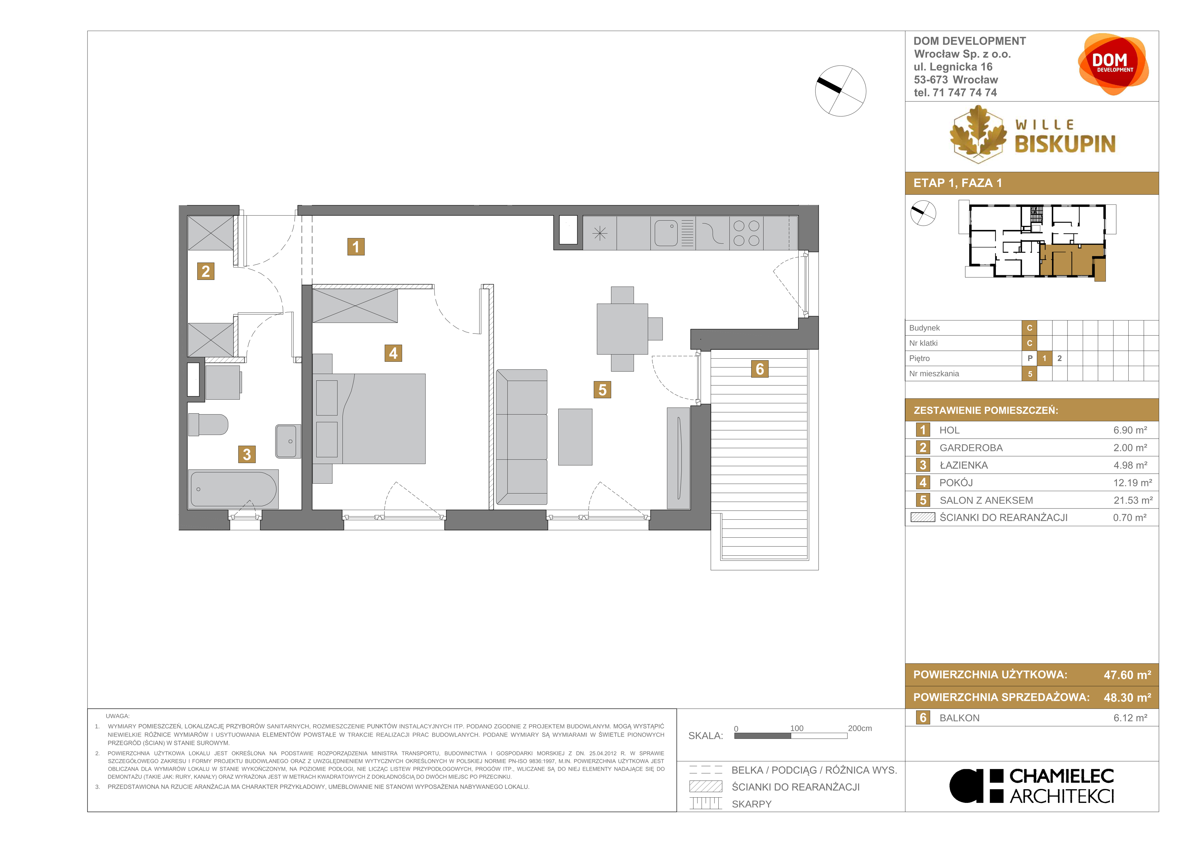 Mieszkanie 48,30 m², piętro 1, oferta nr C/5, Wille Biskupin, Wrocław, Biskupin-Sępolno-Dąbie-Bartoszowice, Śródmieście, ul. Braci Gierymskich 156-idx