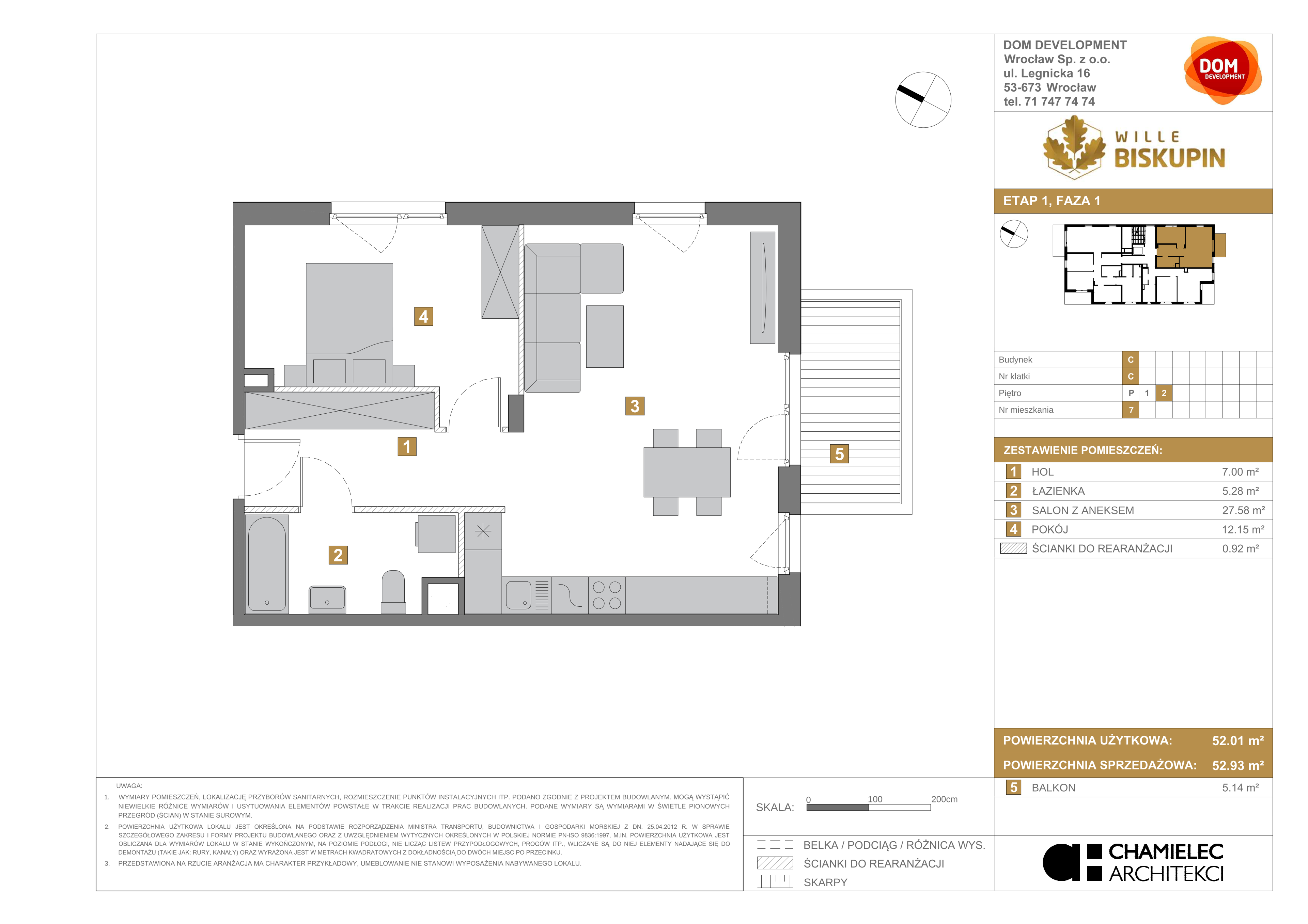 Mieszkanie 52,93 m², piętro 2, oferta nr C/7, Wille Biskupin, Wrocław, Biskupin-Sępolno-Dąbie-Bartoszowice, Śródmieście, ul. Braci Gierymskich 156-idx