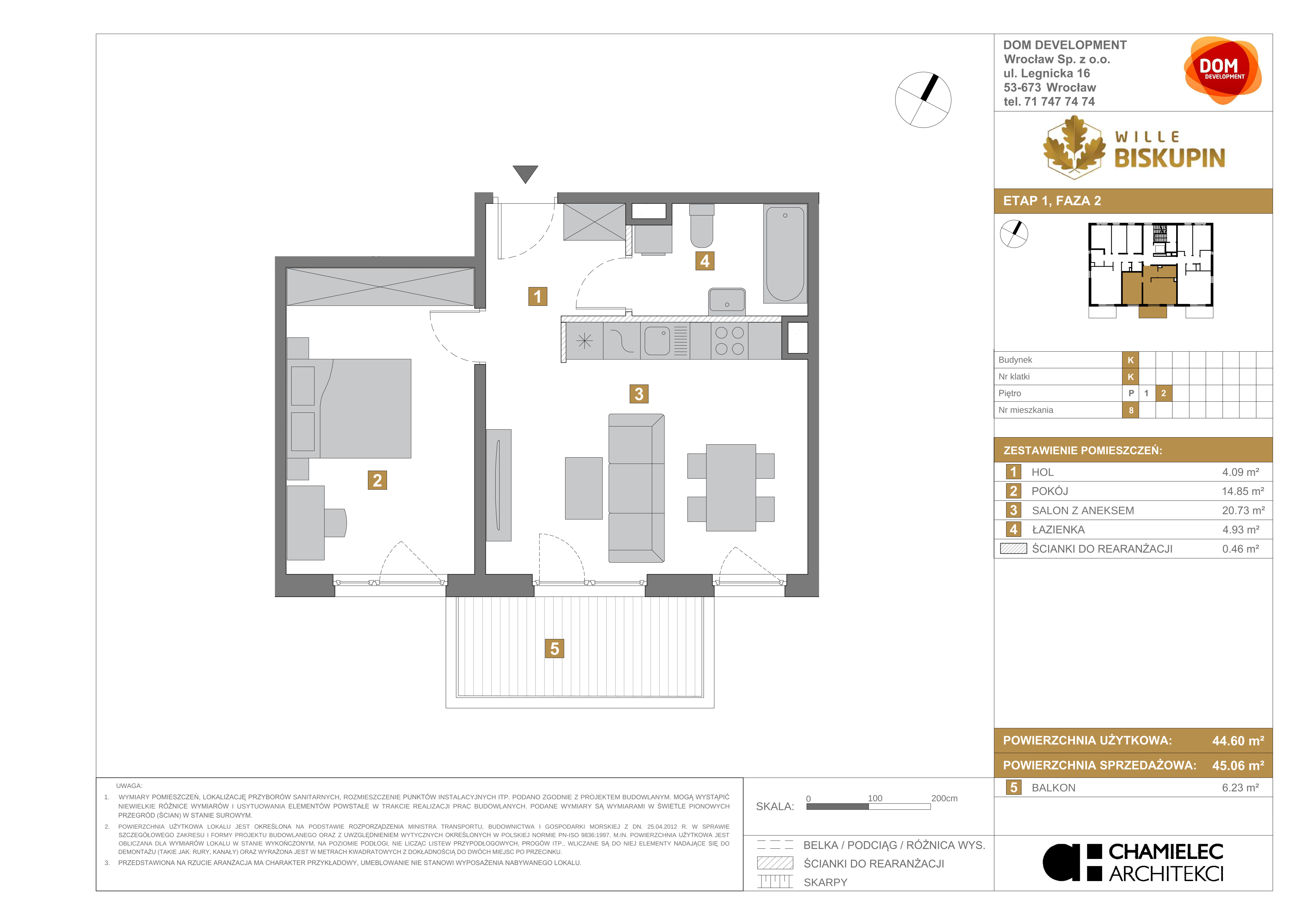 Mieszkanie 45,06 m², piętro 2, oferta nr K/8, Wille Biskupin, Wrocław, Biskupin-Sępolno-Dąbie-Bartoszowice, Śródmieście, ul. Braci Gierymskich 156-idx