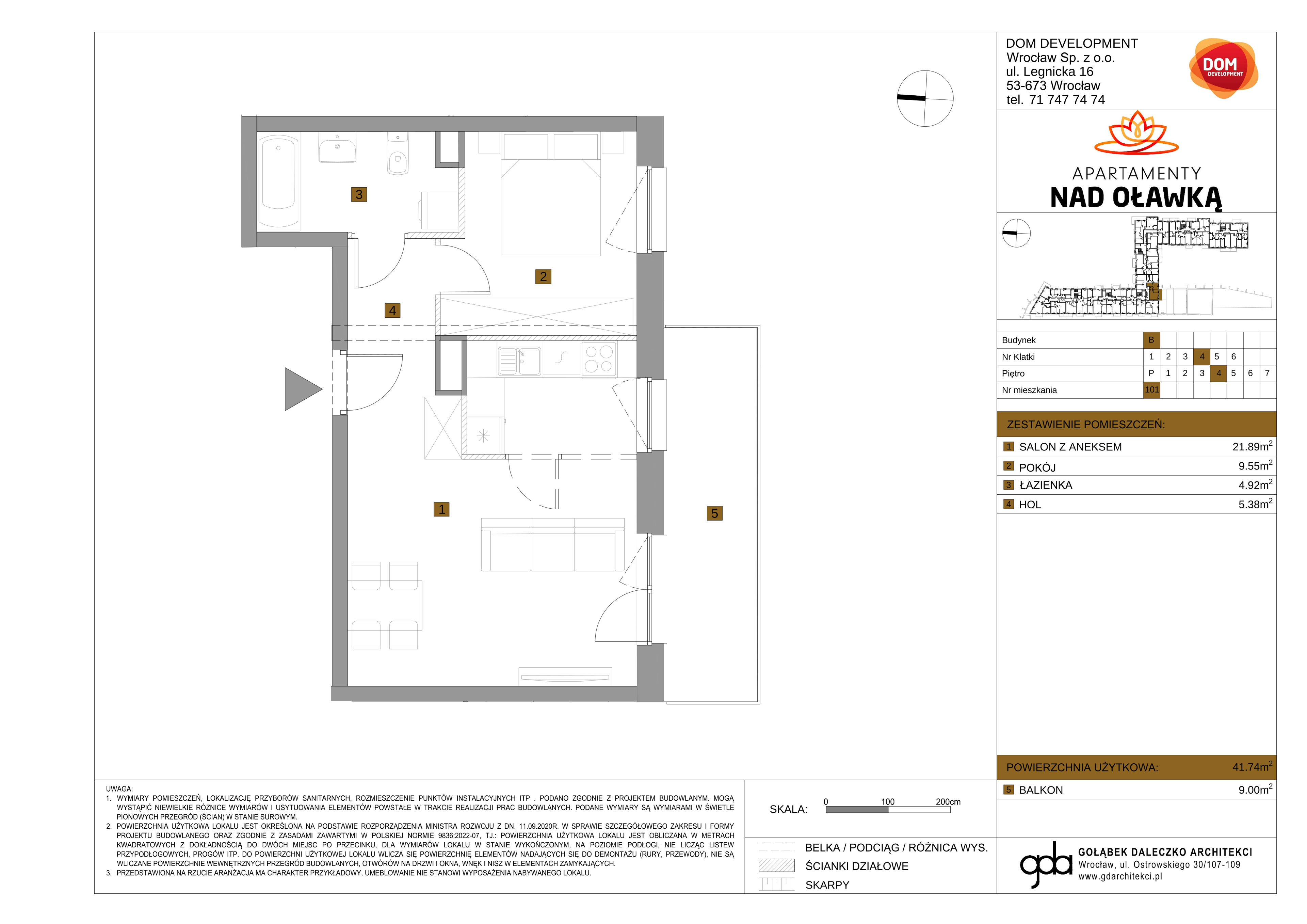 Mieszkanie 41,74 m², piętro 4, oferta nr B/101, Apartamenty nad Oławką 2, Wrocław, Przedmieście Oławskie, Krzyki, ul. Krakowska 98a-idx