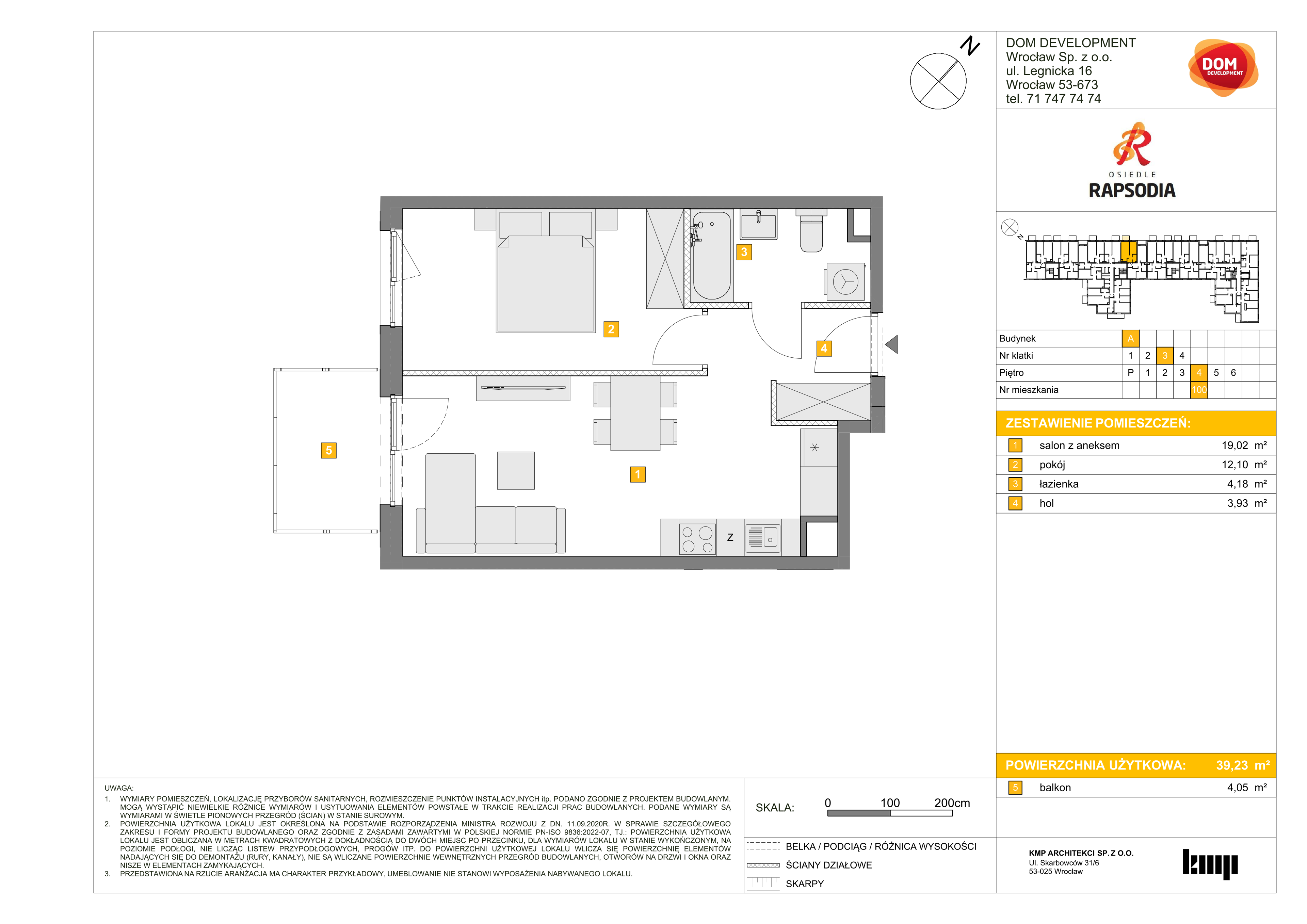 Mieszkanie 39,23 m², piętro 4, oferta nr A/100, Osiedle Rapsodia, Wrocław, Karłowice-Różanka, Różanka, ul. Wołowska 5-idx