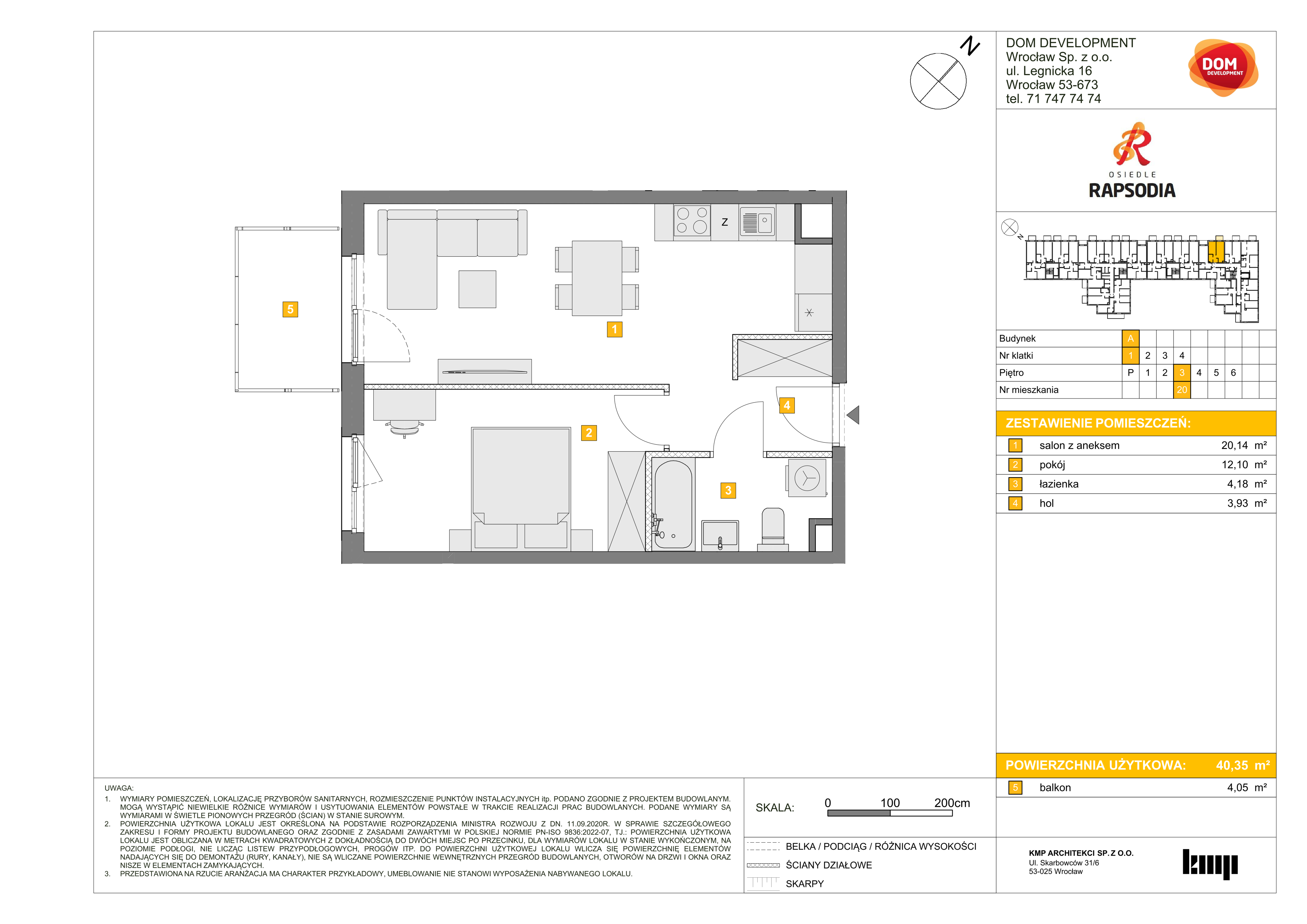 Mieszkanie 40,35 m², piętro 3, oferta nr A/20, Osiedle Rapsodia, Wrocław, Karłowice-Różanka, Różanka, ul. Wołowska 5-idx