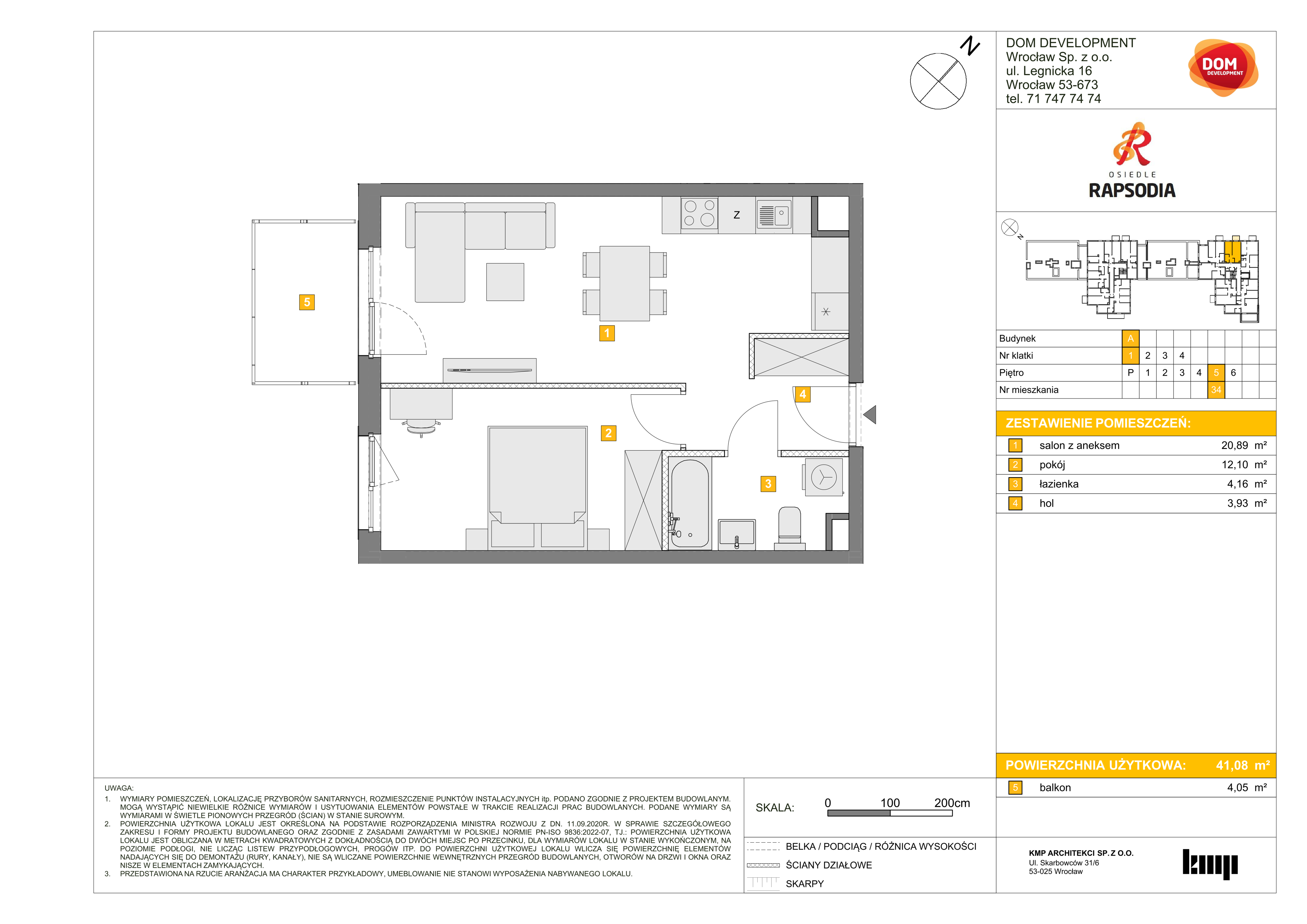 Mieszkanie 41,08 m², piętro 5, oferta nr A/34, Osiedle Rapsodia, Wrocław, Karłowice-Różanka, Różanka, ul. Wołowska 5-idx