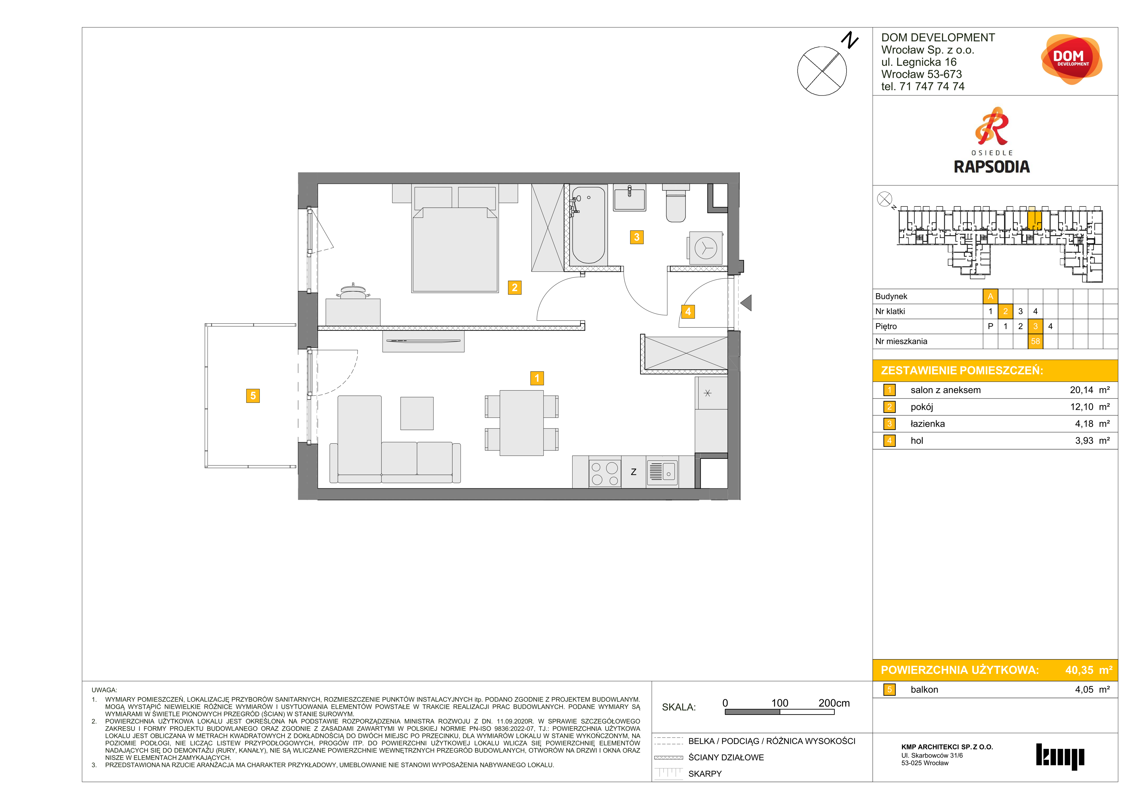 Mieszkanie 40,35 m², piętro 3, oferta nr A/58, Osiedle Rapsodia, Wrocław, Karłowice-Różanka, Różanka, ul. Wołowska 5-idx