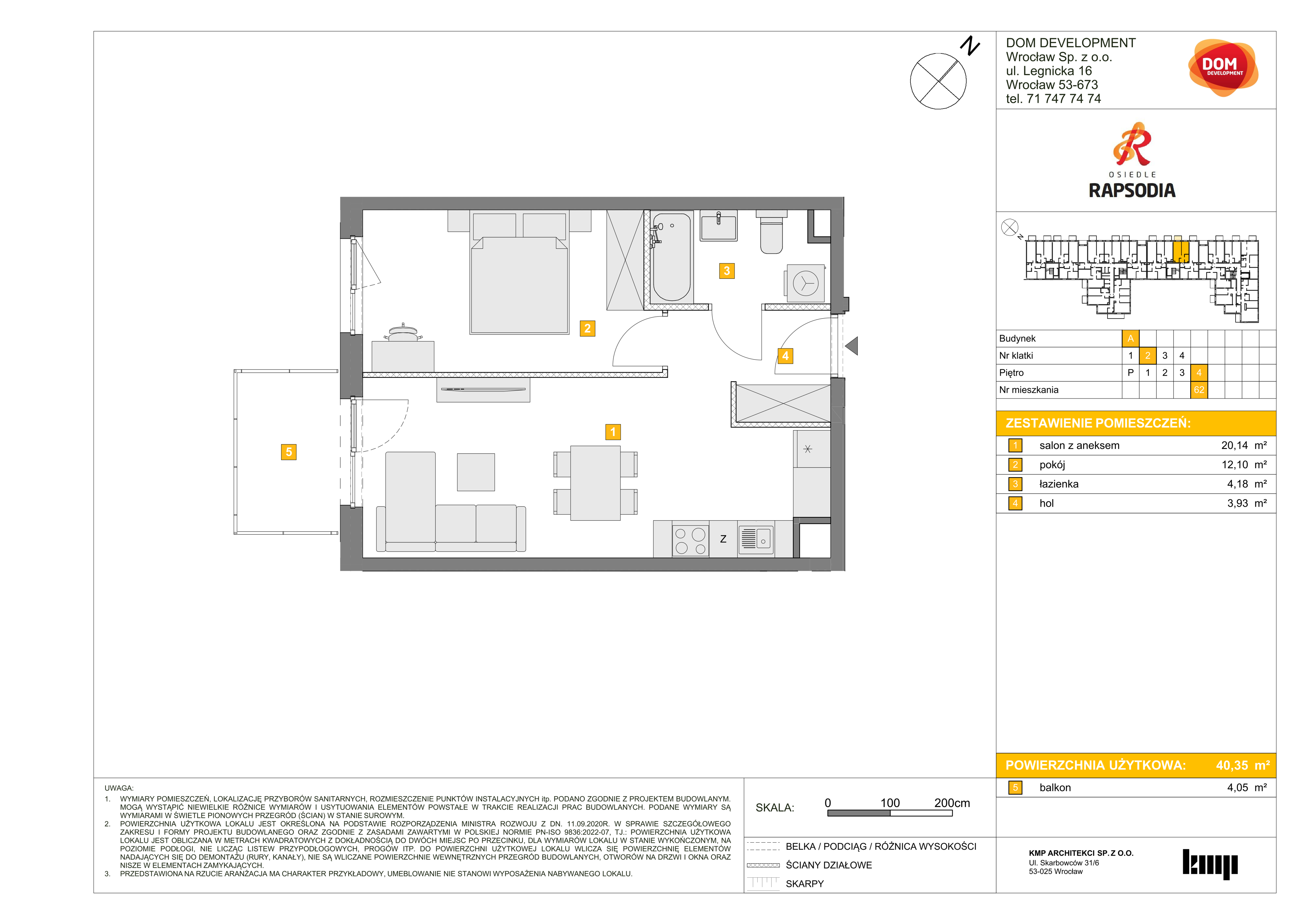 Mieszkanie 40,35 m², piętro 4, oferta nr A/62, Osiedle Rapsodia, Wrocław, Karłowice-Różanka, Różanka, ul. Wołowska 5-idx