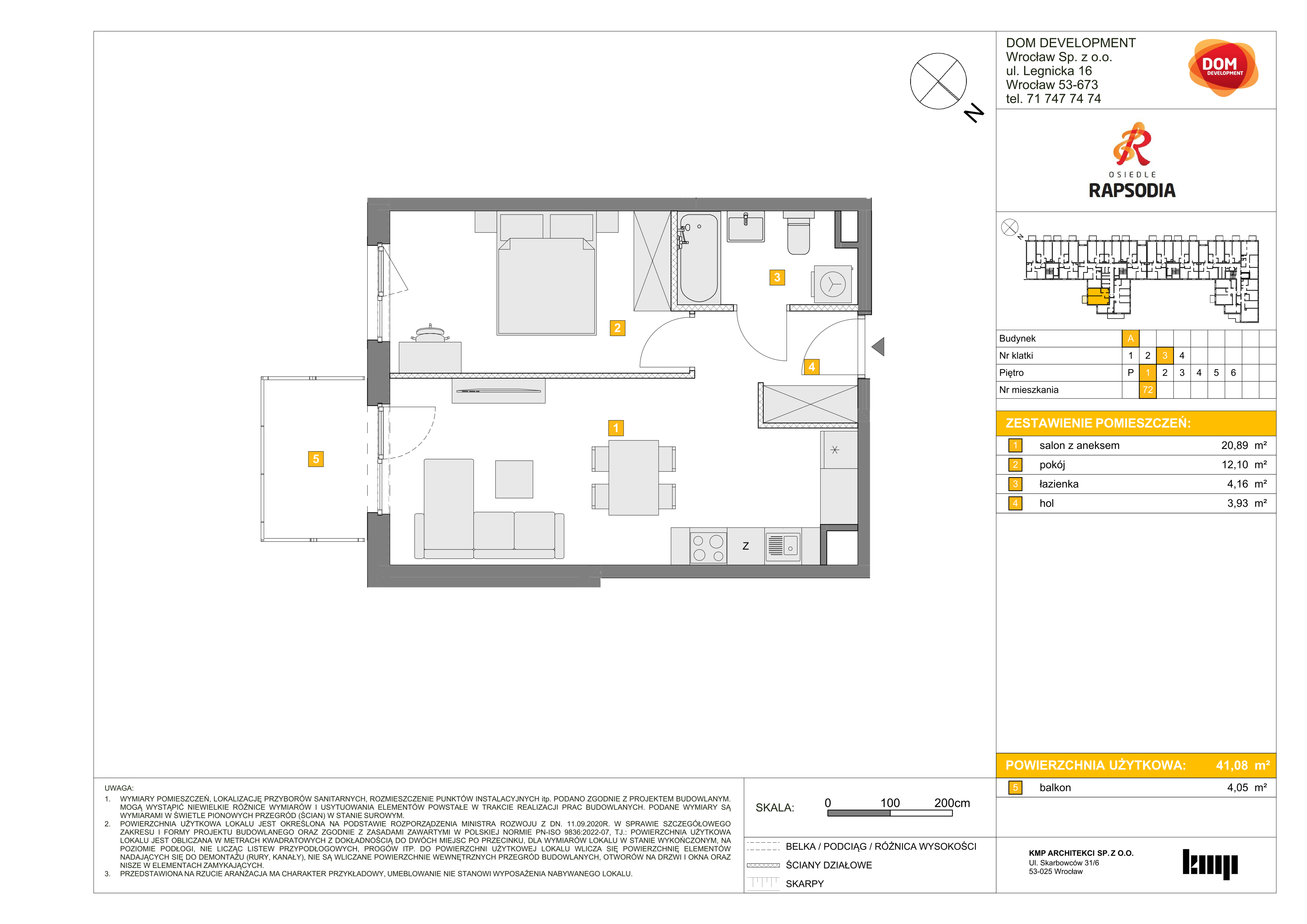 Mieszkanie 41,08 m², piętro 1, oferta nr A/72, Osiedle Rapsodia, Wrocław, Karłowice-Różanka, Różanka, ul. Wołowska 5-idx