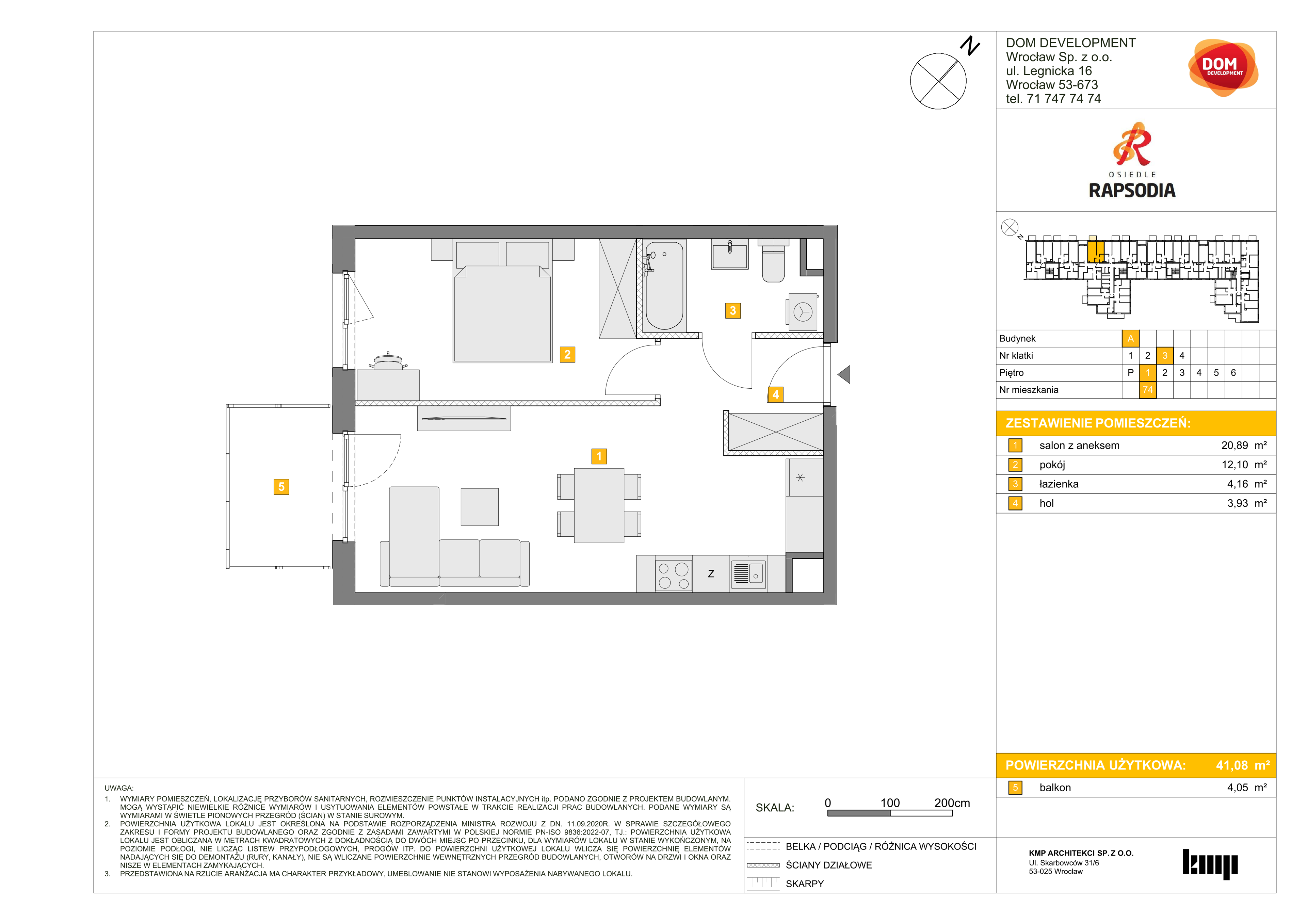 Mieszkanie 41,08 m², piętro 1, oferta nr A/74, Osiedle Rapsodia, Wrocław, Karłowice-Różanka, Różanka, ul. Wołowska 5-idx