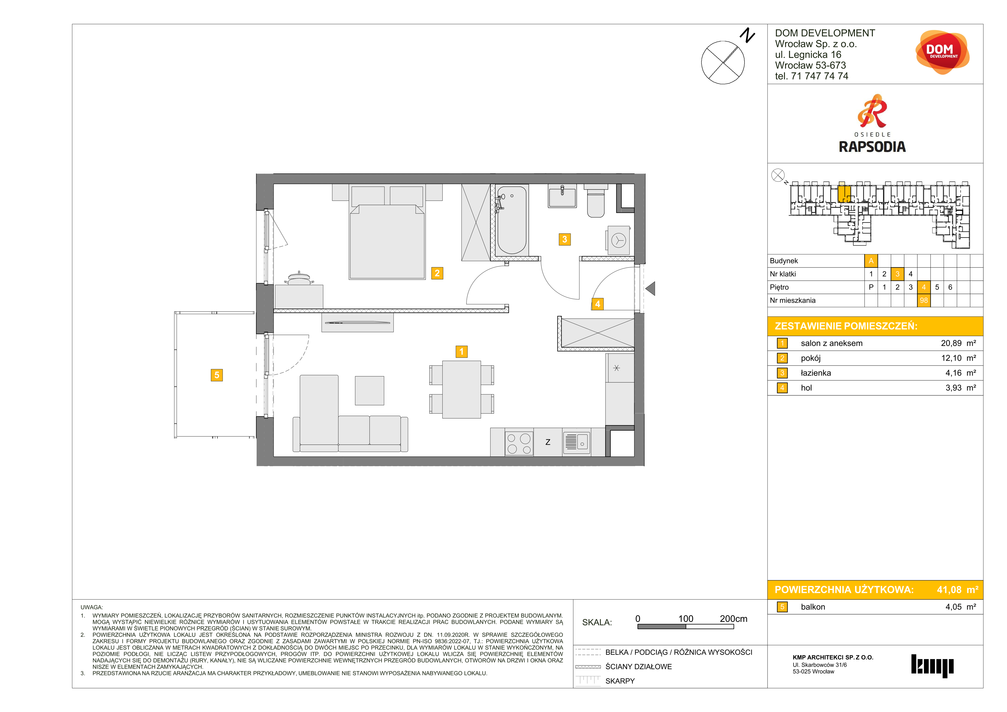 Mieszkanie 41,08 m², piętro 4, oferta nr A/98, Osiedle Rapsodia, Wrocław, Karłowice-Różanka, Różanka, ul. Wołowska 5-idx