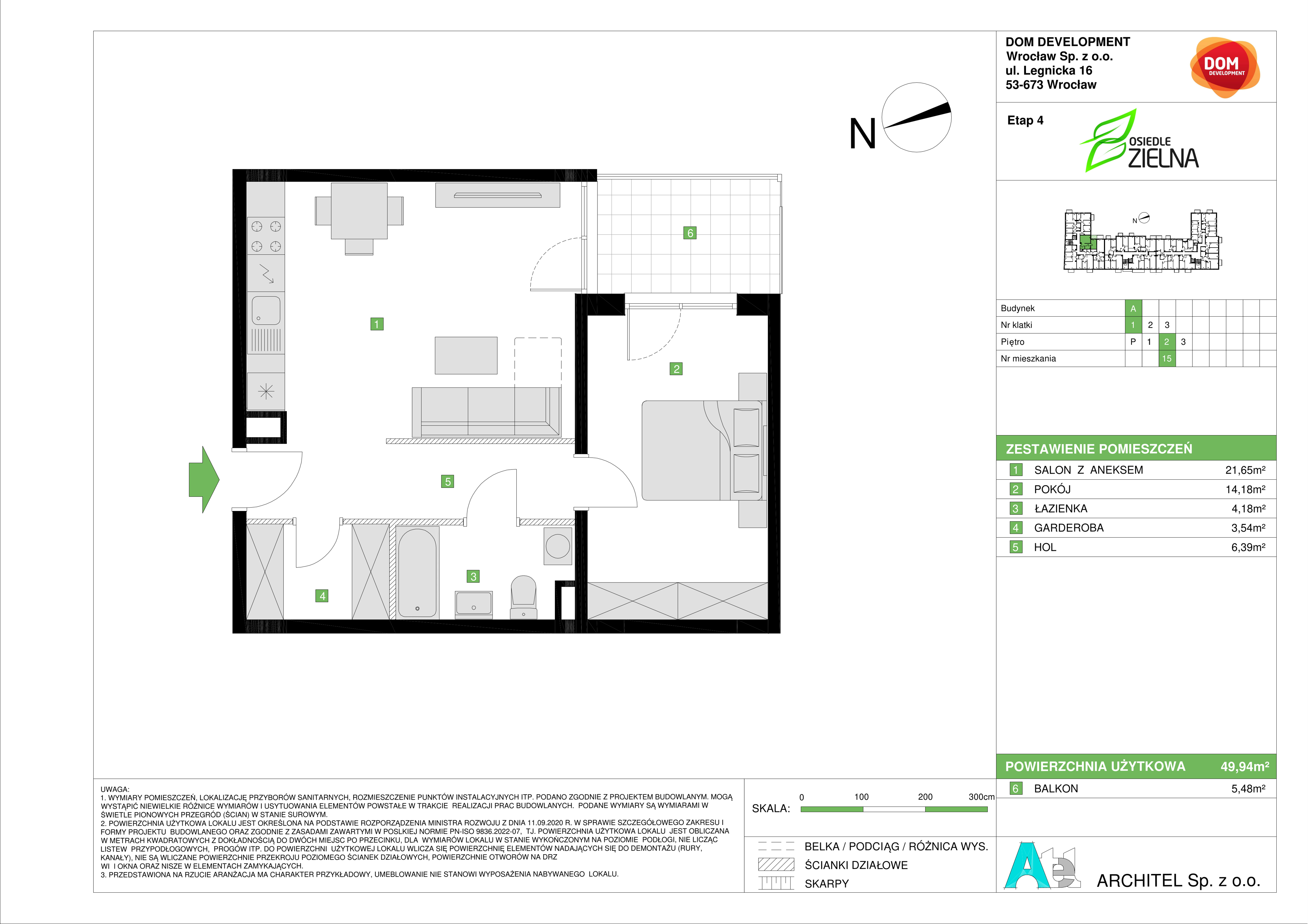 Mieszkanie 49,94 m², piętro 2, oferta nr A/15, Osiedle Zielna 4, Wrocław, Psie Pole-Zawidawie, Psie Pole, ul. Zielna / Bylinowa-idx