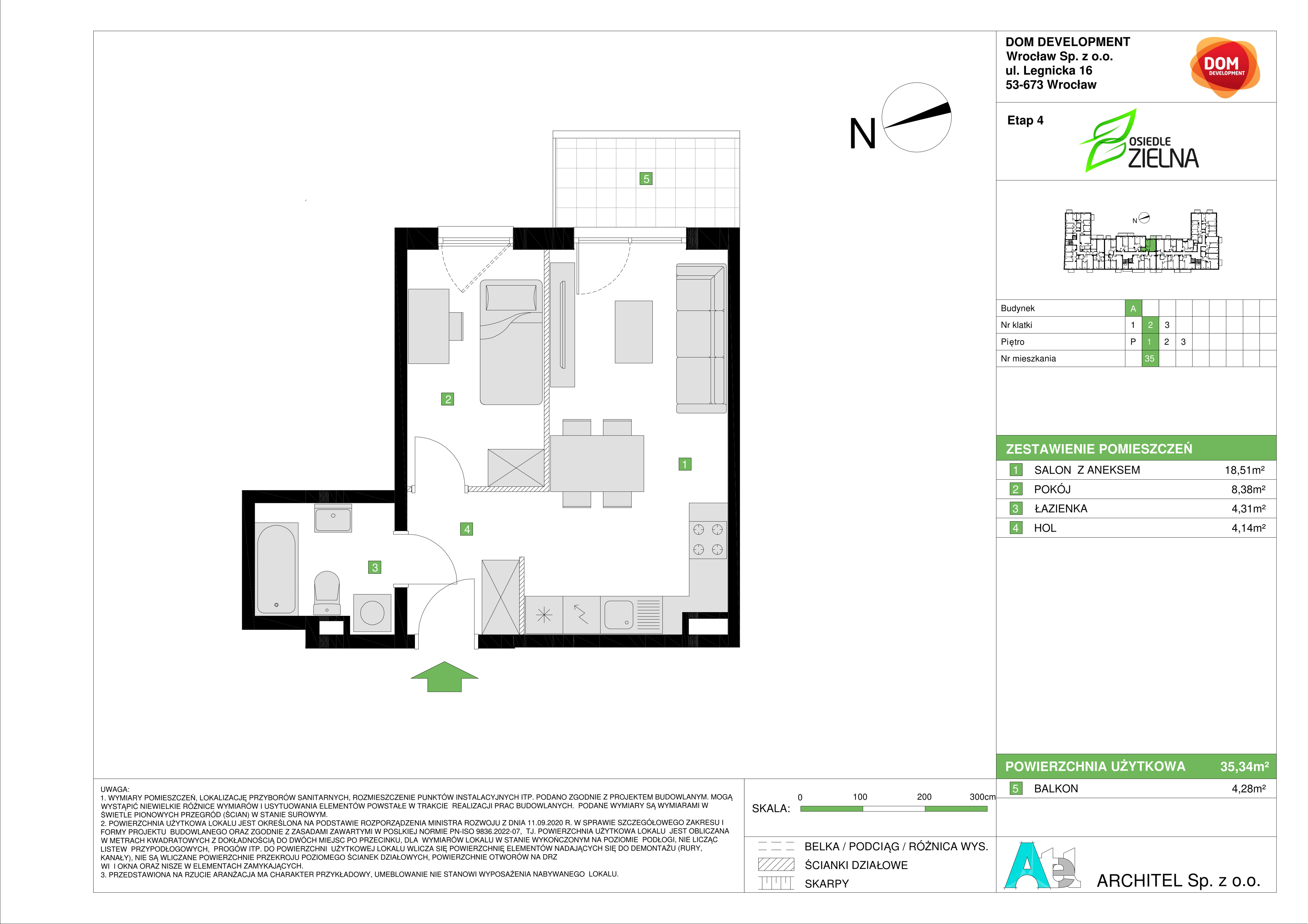 Mieszkanie 35,34 m², piętro 1, oferta nr A/35, Osiedle Zielna 4, Wrocław, Psie Pole-Zawidawie, Psie Pole, ul. Zielna / Bylinowa-idx