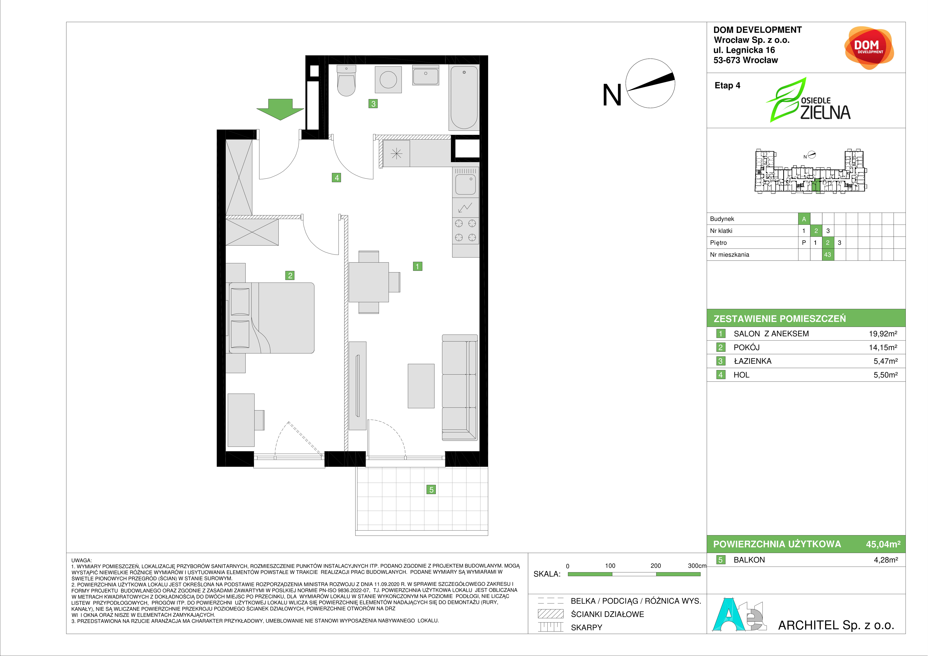 Mieszkanie 45,04 m², piętro 2, oferta nr A/43, Osiedle Zielna 4, Wrocław, Psie Pole-Zawidawie, Psie Pole, ul. Zielna / Bylinowa-idx