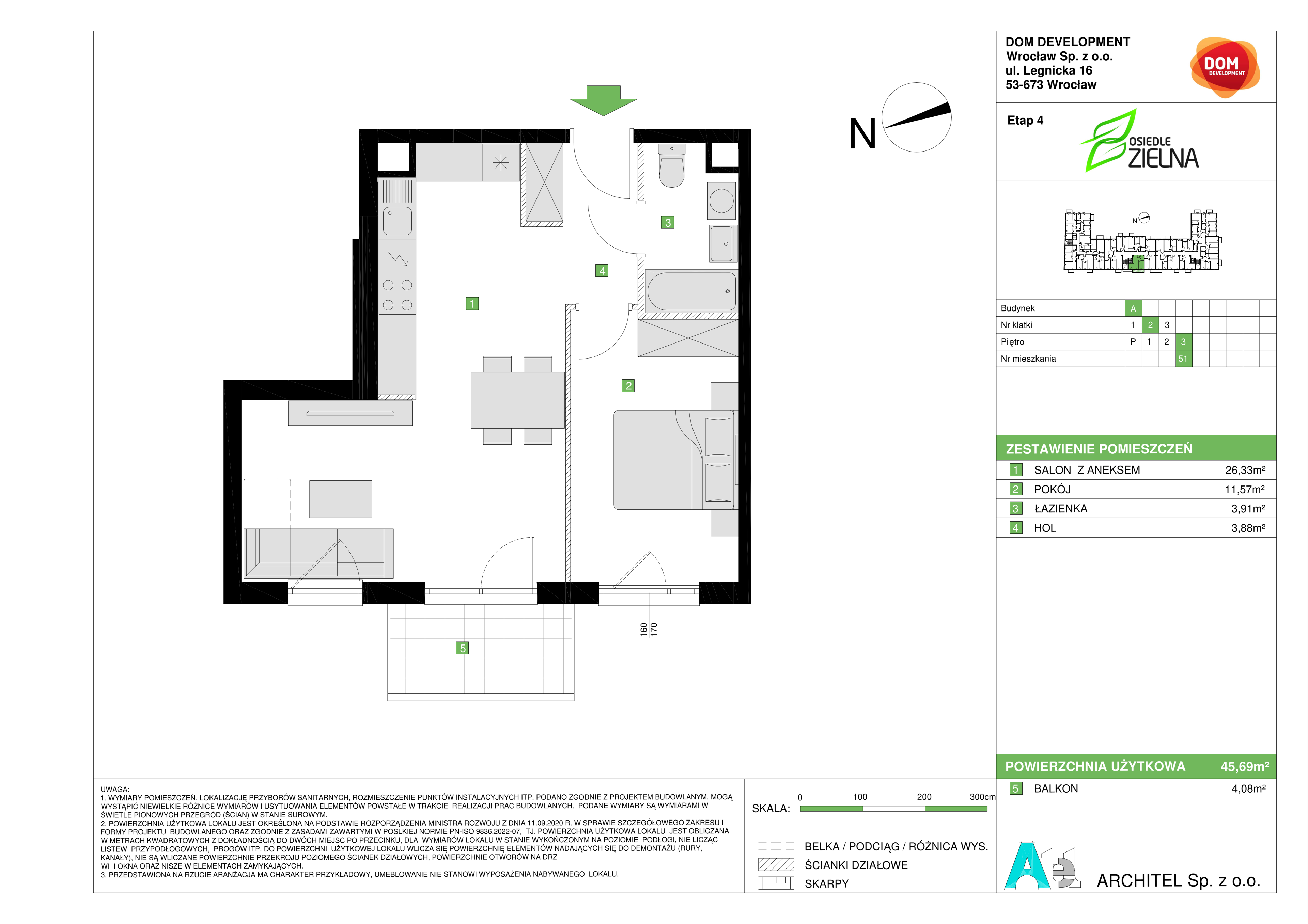 Mieszkanie 45,69 m², piętro 3, oferta nr A/51, Osiedle Zielna 4, Wrocław, Psie Pole-Zawidawie, Psie Pole, ul. Zielna / Bylinowa-idx