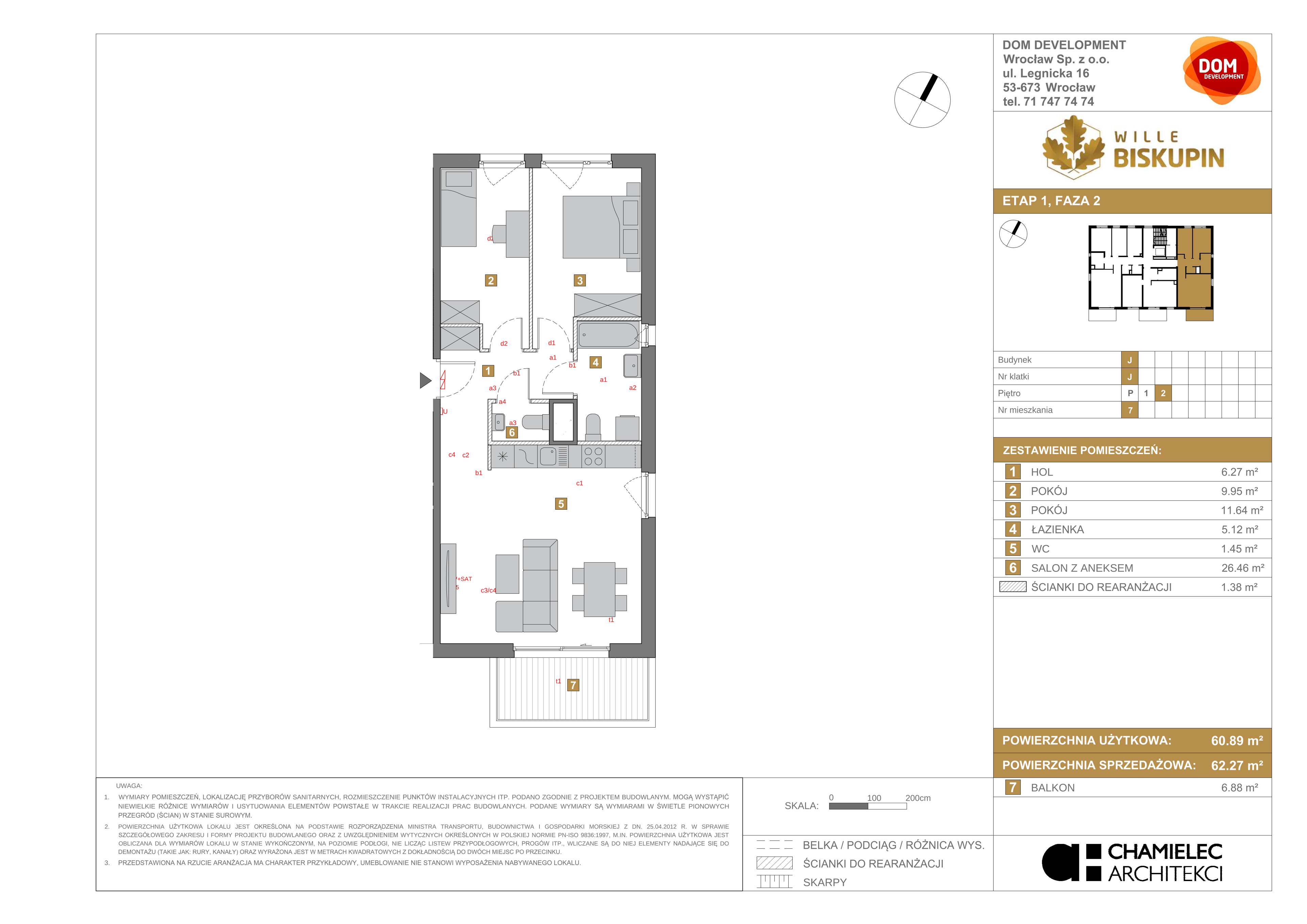 Mieszkanie 62,27 m², piętro 2, oferta nr J/7, Wille Biskupin, Wrocław, Biskupin-Sępolno-Dąbie-Bartoszowice, Śródmieście, ul. Braci Gierymskich 156-idx