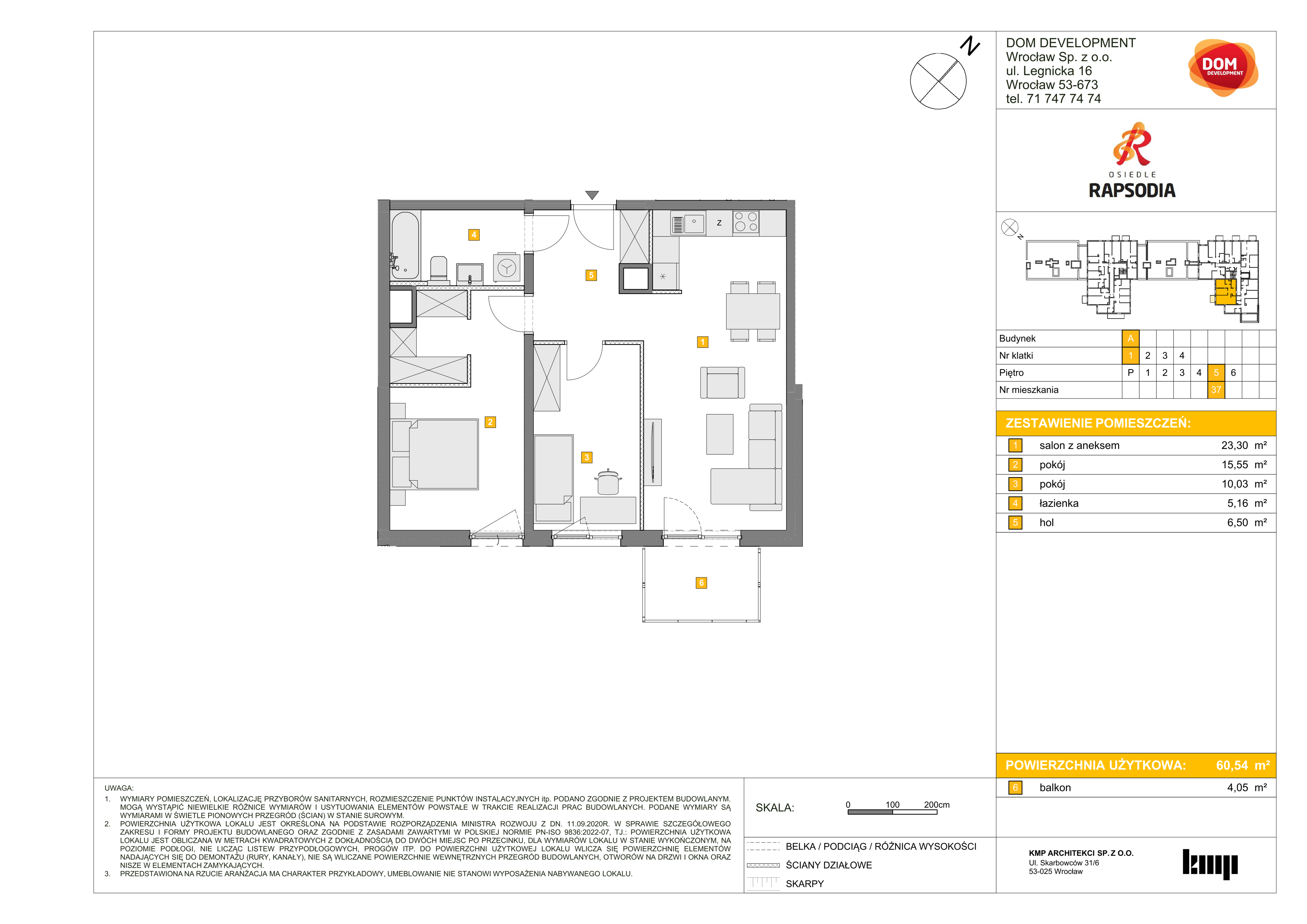 Mieszkanie 60,54 m², piętro 5, oferta nr A/37, Osiedle Rapsodia, Wrocław, Karłowice-Różanka, Różanka, ul. Wołowska 5-idx