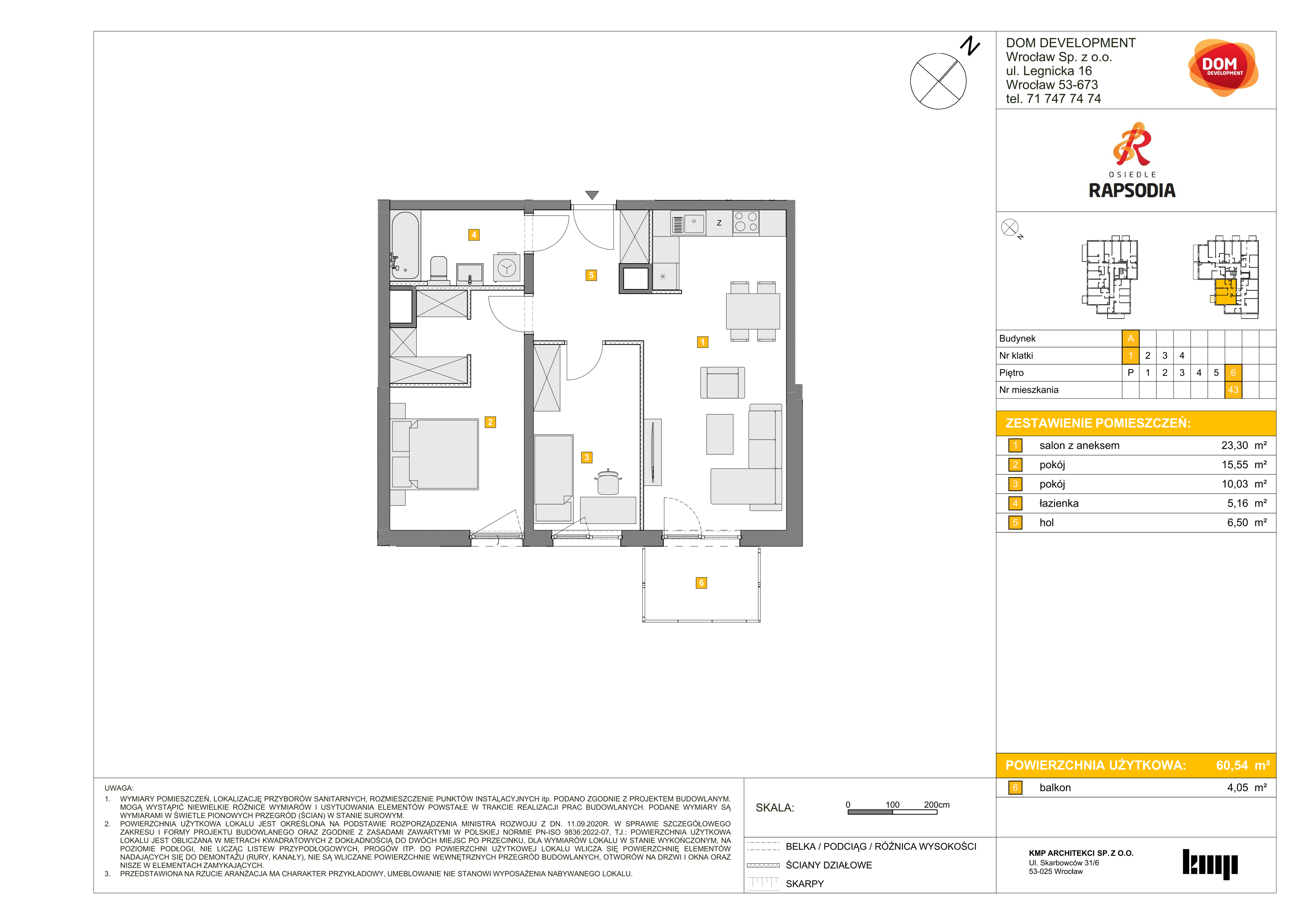 Mieszkanie 60,54 m², piętro 6, oferta nr A/43, Osiedle Rapsodia, Wrocław, Karłowice-Różanka, Różanka, ul. Wołowska 5-idx