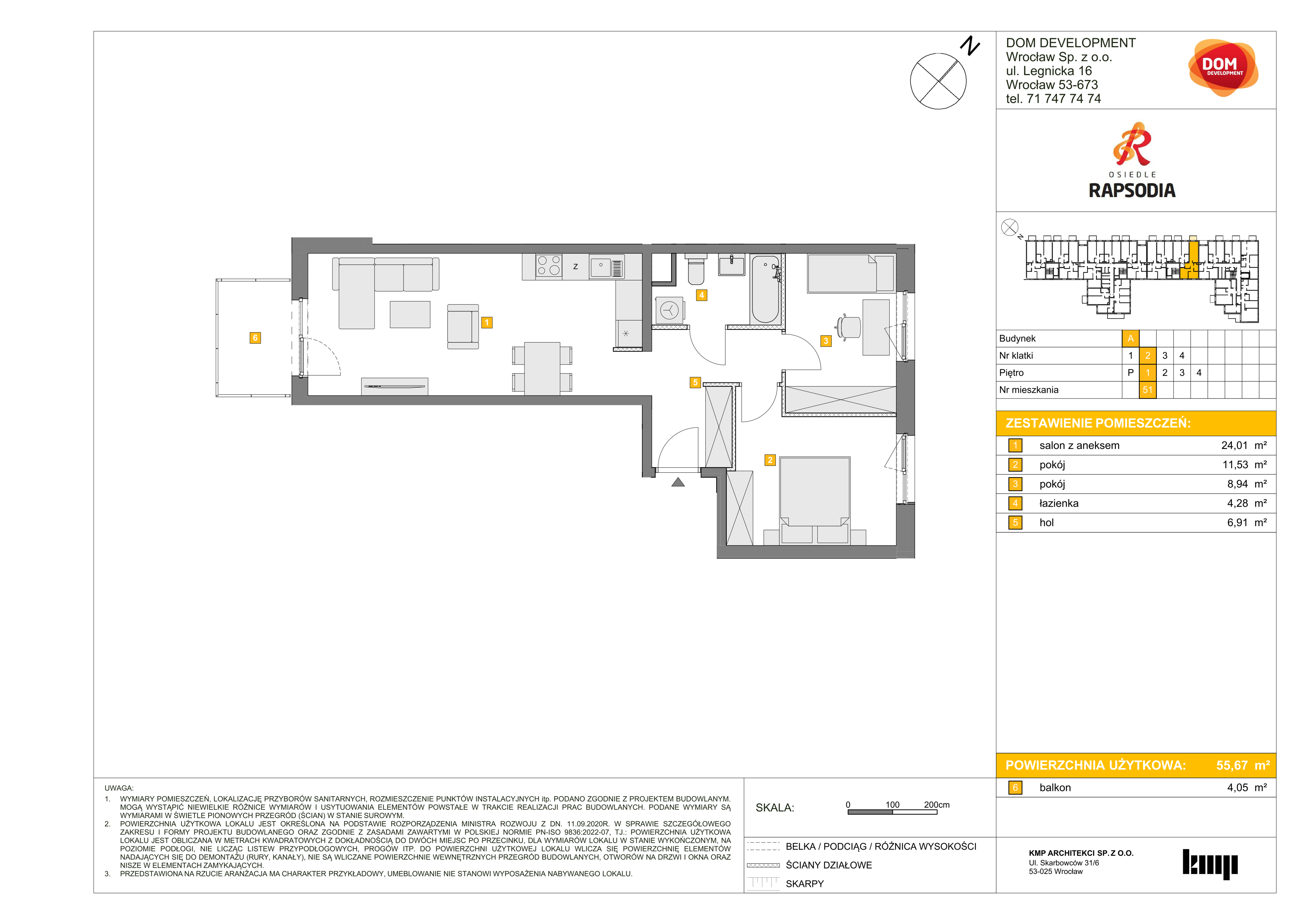 Mieszkanie 55,67 m², piętro 1, oferta nr A/51, Osiedle Rapsodia, Wrocław, Karłowice-Różanka, Różanka, ul. Wołowska 5-idx