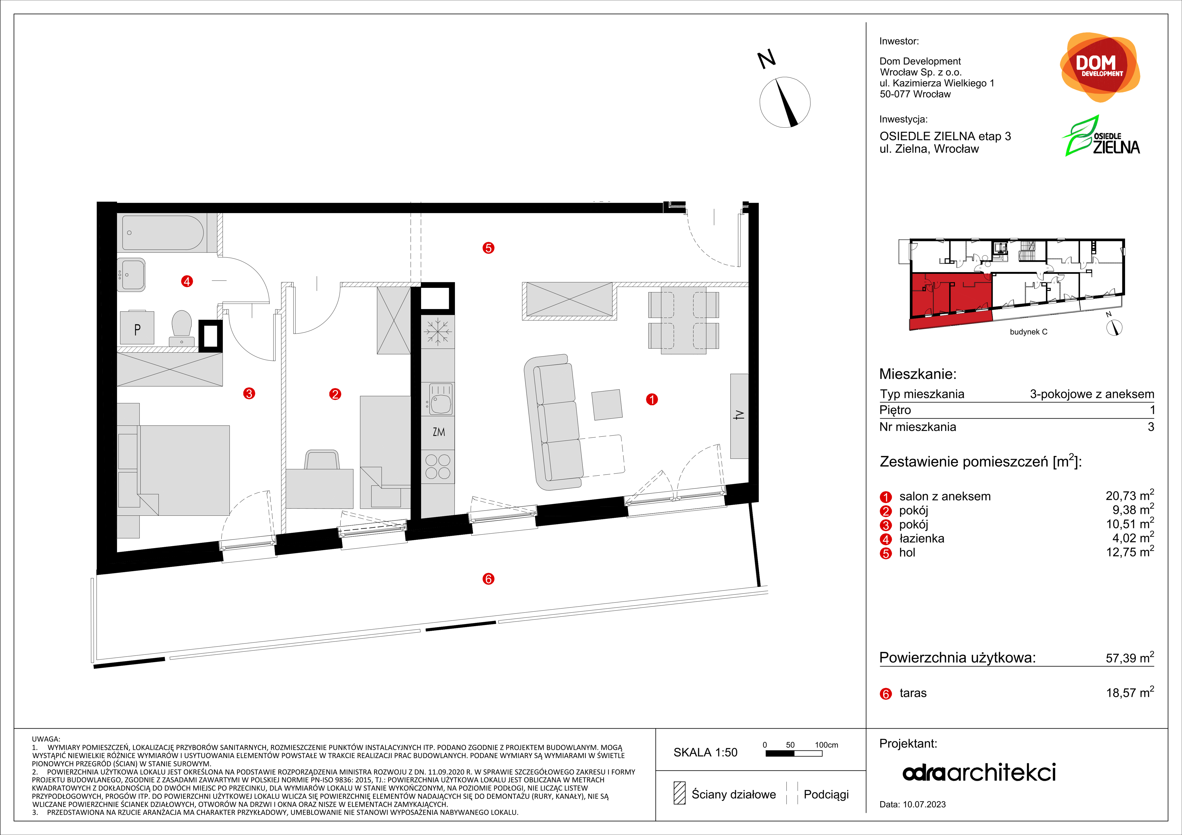 Mieszkanie 57,39 m², piętro 1, oferta nr C/3, Osiedle Zielna, Wrocław, Psie Pole-Zawidawie, Psie Pole, ul. Zielna-idx