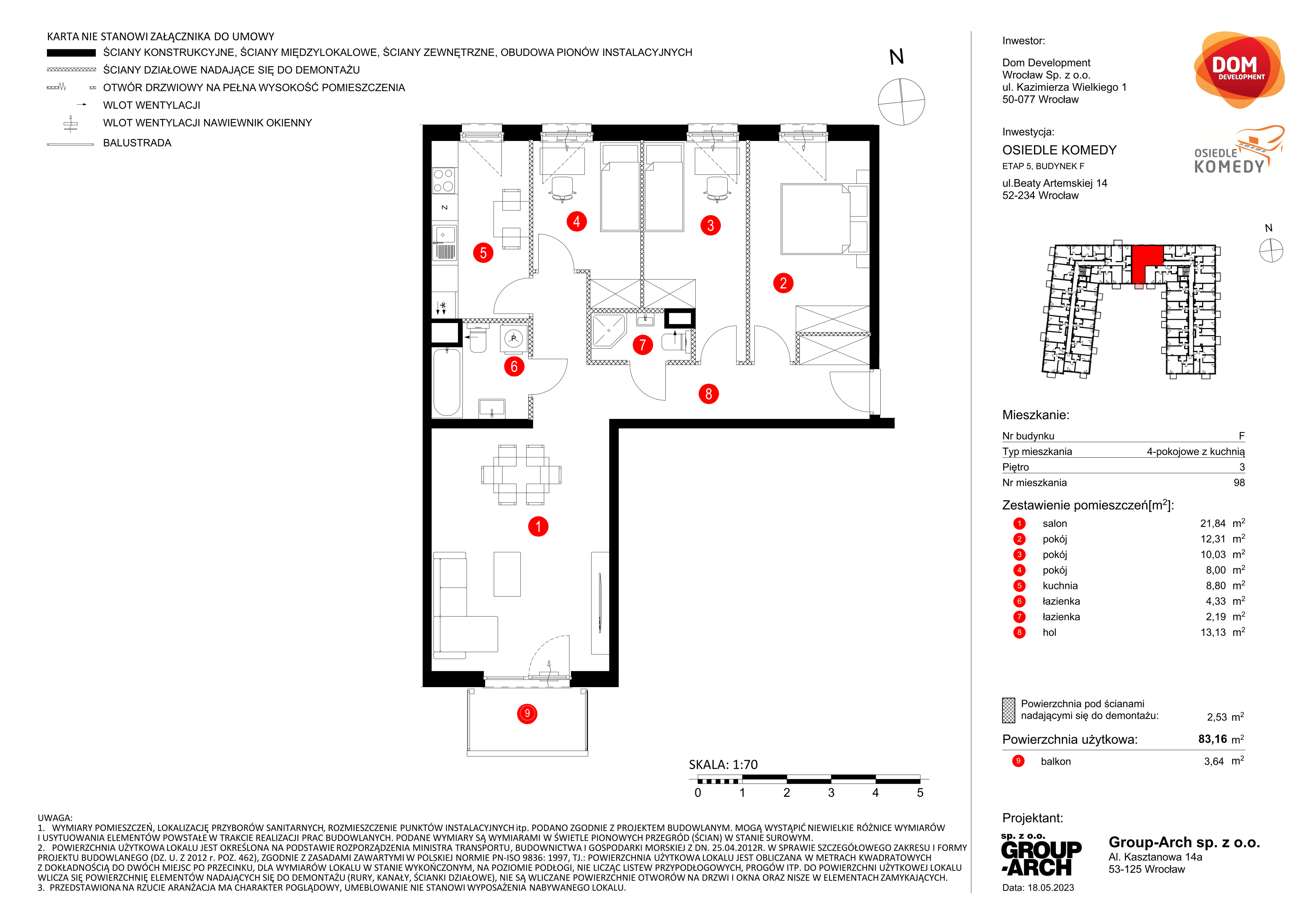 Mieszkanie 83,16 m², piętro 3, oferta nr F/98, Osiedle Komedy, Wrocław, Jagodno, Krzyki, ul. Komedy 1B-idx