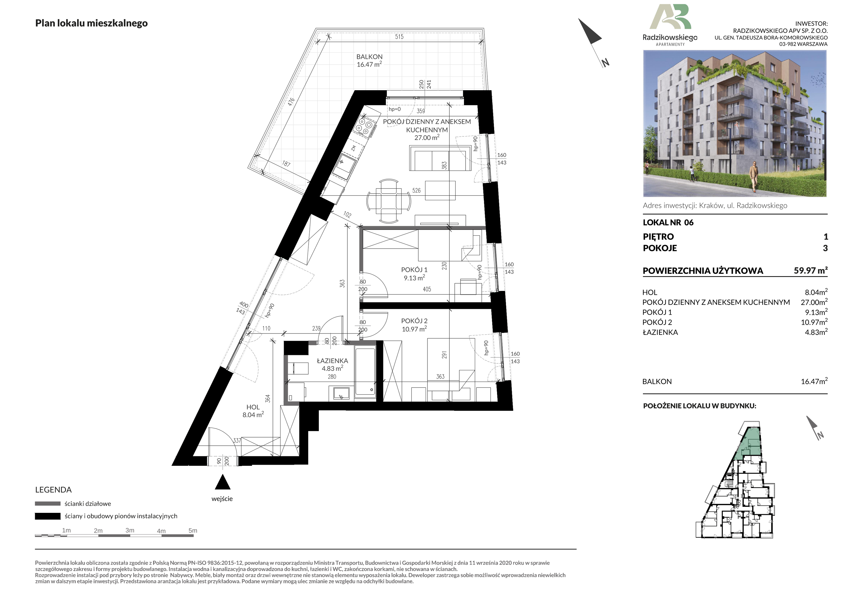 Mieszkanie 59,97 m², piętro 1, oferta nr 6, Apartamenty Radzikowskiego, Kraków, Prądnik Biały, Azory, ul. Radzikowskiego-idx