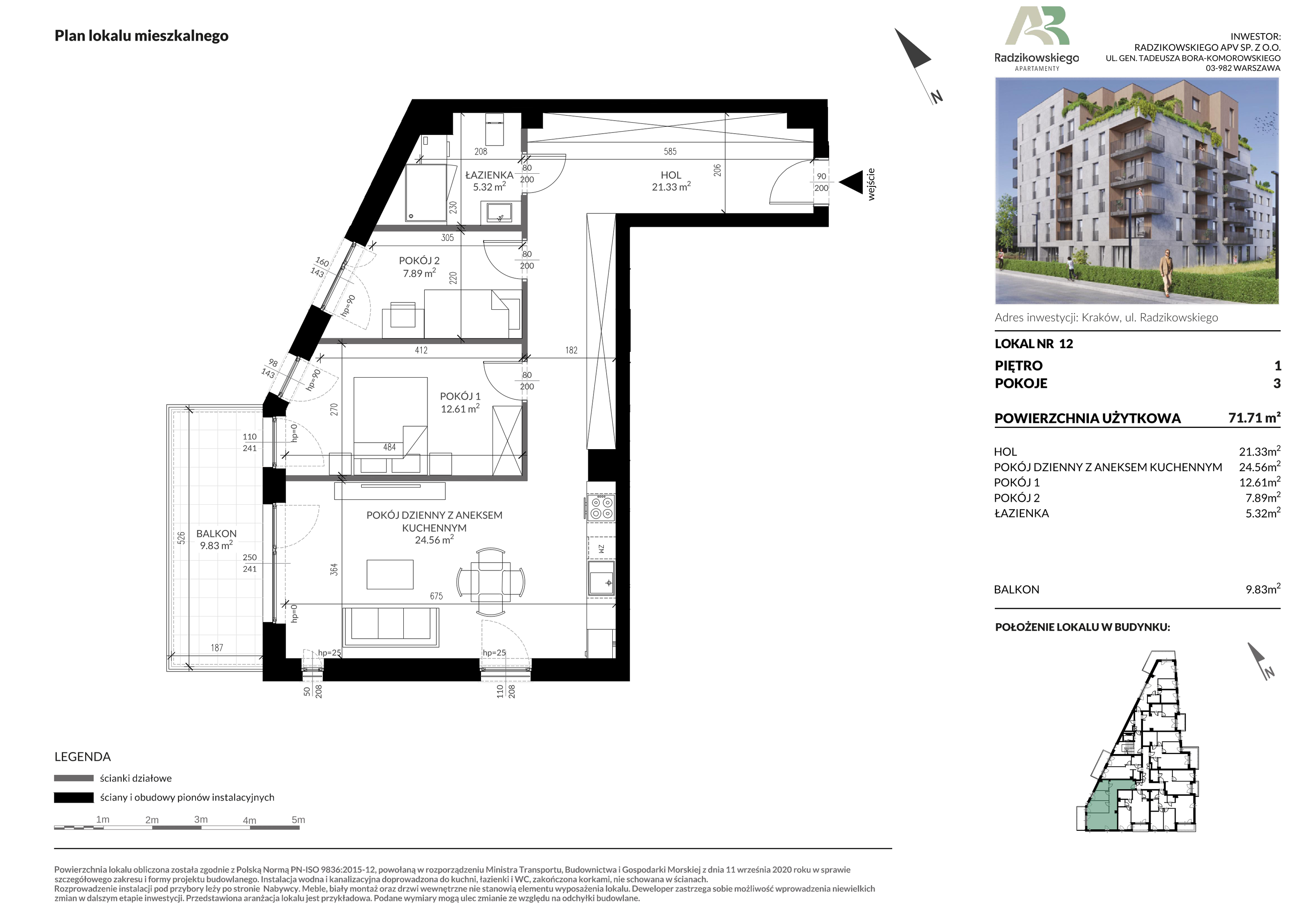 Mieszkanie 71,71 m², piętro 1, oferta nr 12, Apartamenty Radzikowskiego, Kraków, Prądnik Biały, Azory, ul. Radzikowskiego-idx