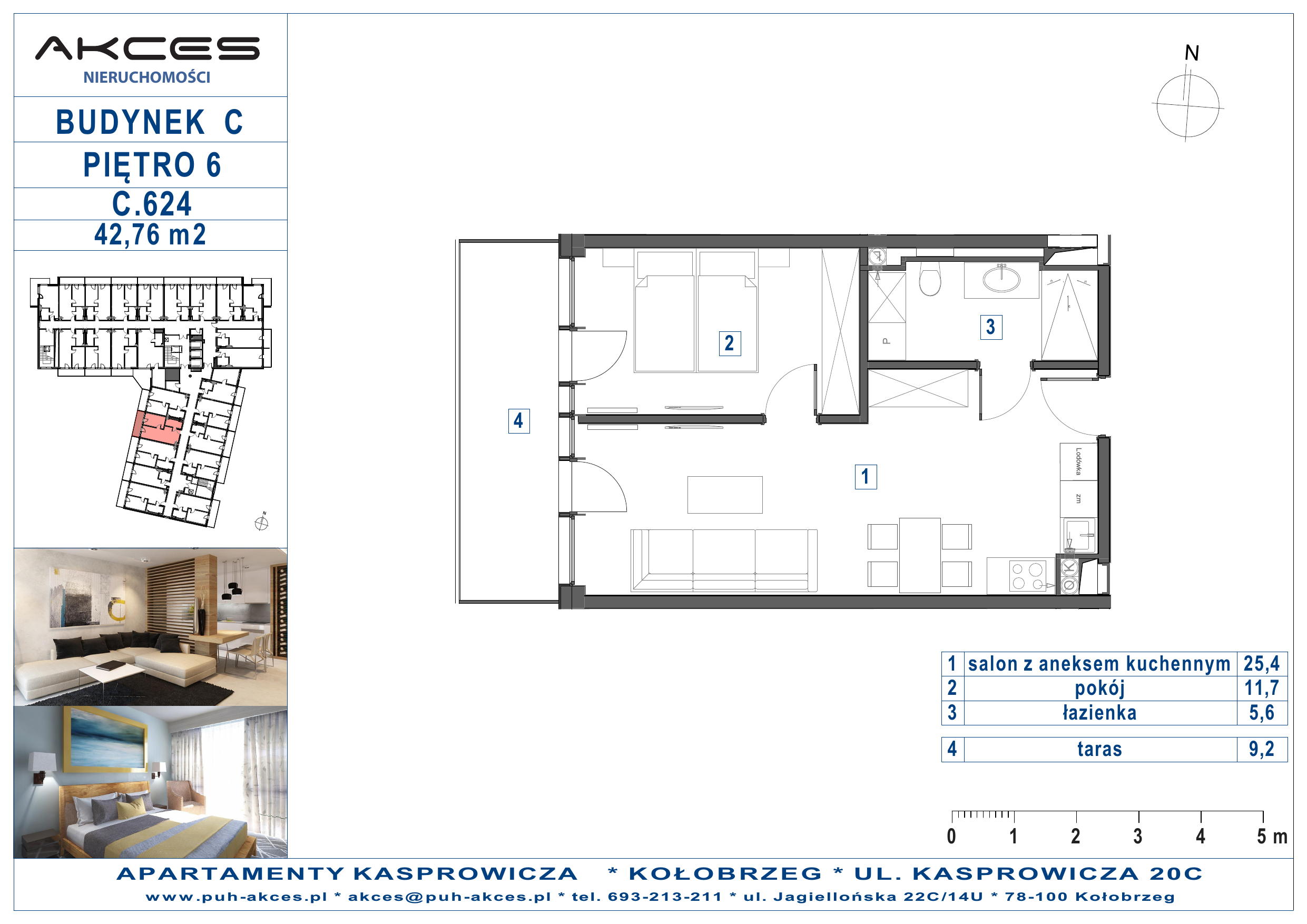 Apartament 42,76 m², piętro 6, oferta nr 624.C, Apartamenty Kasprowicza - 400 m od morza, Kołobrzeg, Osiedle Nr 7 Ogrody, ul. Kasprowicza 20C-idx