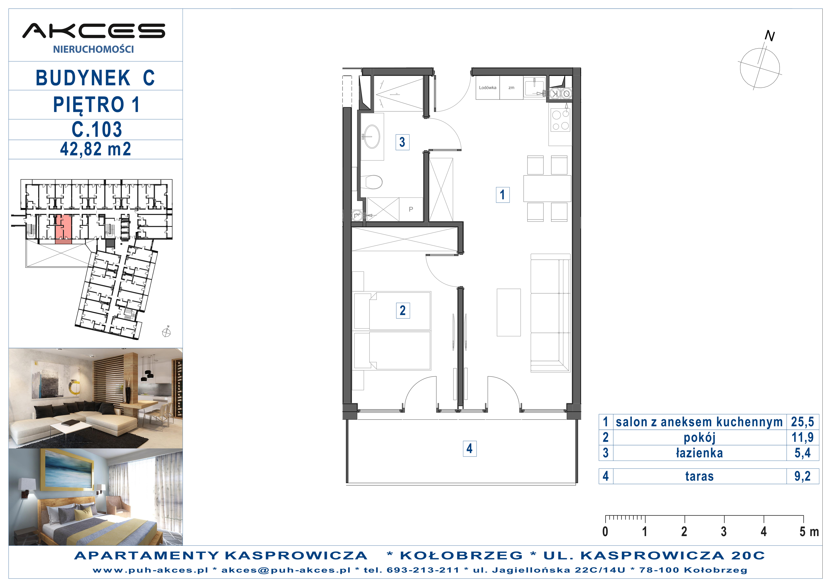 Apartament 42,82 m², piętro 1, oferta nr 103.C, Apartamenty Kasprowicza - 400 m od morza, Kołobrzeg, Osiedle Nr 7 Ogrody, ul. Kasprowicza 20C-idx