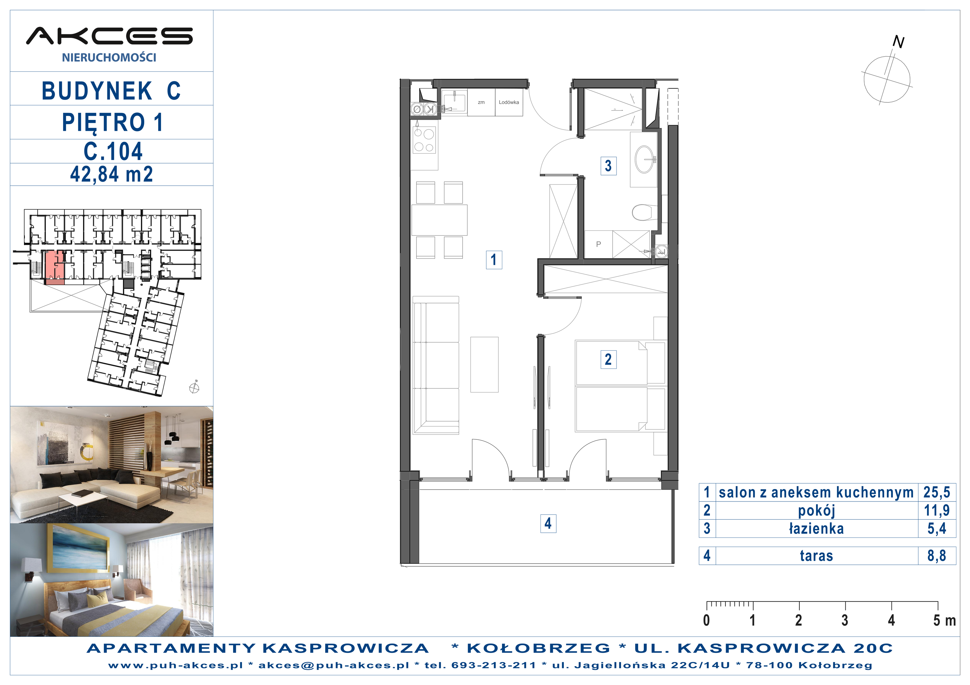 Apartament 42,84 m², piętro 1, oferta nr 104.C, Apartamenty Kasprowicza - 400 m od morza, Kołobrzeg, Osiedle Nr 7 Ogrody, ul. Kasprowicza 20C-idx