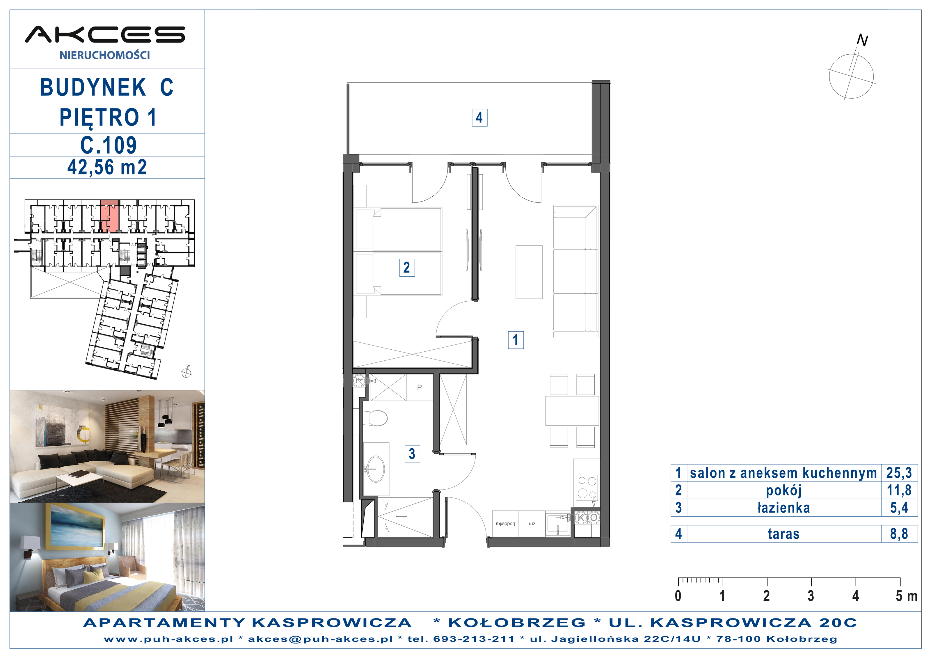 Apartament 42,56 m², piętro 1, oferta nr 109.C, Apartamenty Kasprowicza - 400 m od morza, Kołobrzeg, Osiedle Nr 7 Ogrody, ul. Kasprowicza 20C-idx