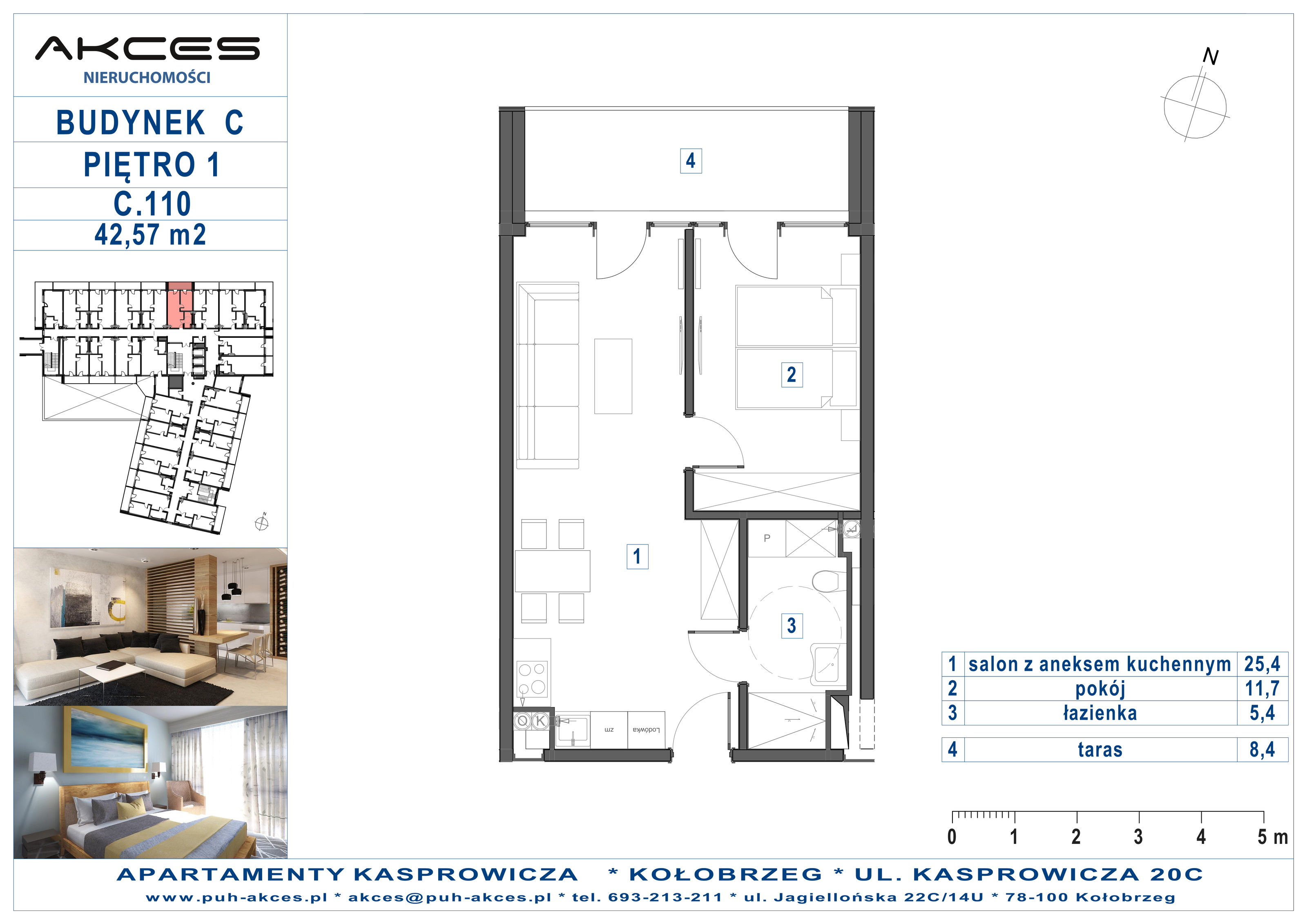 Apartament 42,57 m², piętro 1, oferta nr 110.C, Apartamenty Kasprowicza - 400 m od morza, Kołobrzeg, Osiedle Nr 7 Ogrody, ul. Kasprowicza 20C-idx