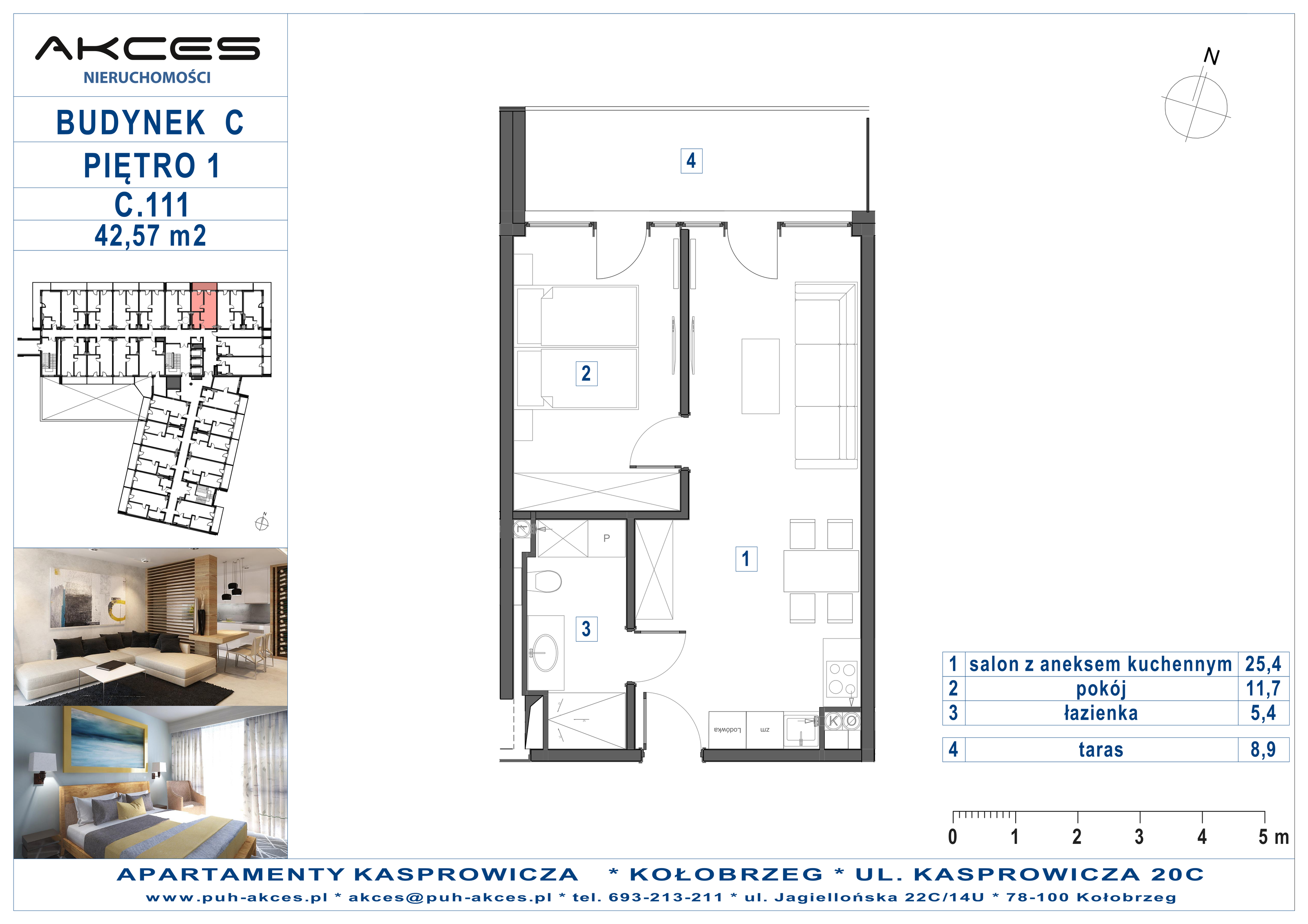 Apartament 42,57 m², piętro 1, oferta nr 111.C, Apartamenty Kasprowicza - 400 m od morza, Kołobrzeg, Osiedle Nr 7 Ogrody, ul. Kasprowicza 20C-idx