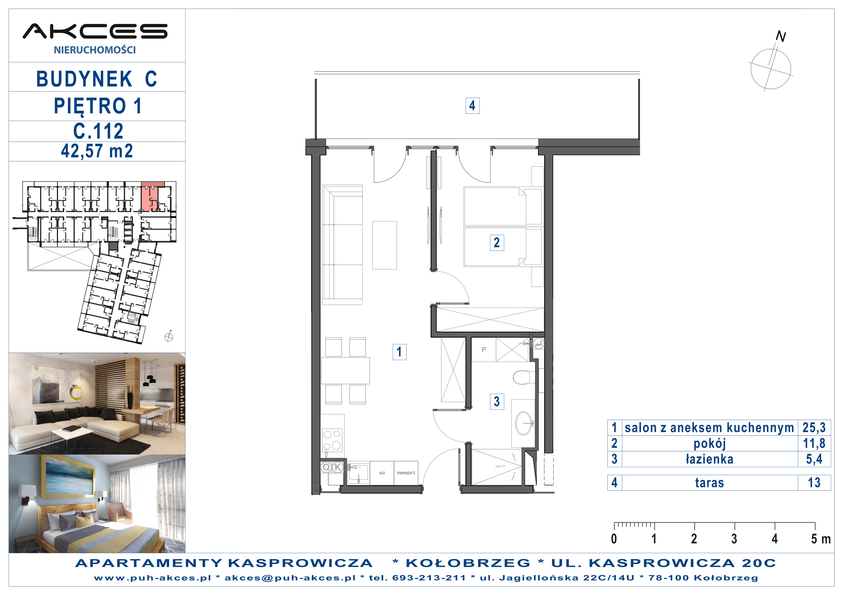 Apartament 42,57 m², piętro 1, oferta nr 112.C, Apartamenty Kasprowicza - 400 m od morza, Kołobrzeg, Osiedle Nr 7 Ogrody, ul. Kasprowicza 20C-idx