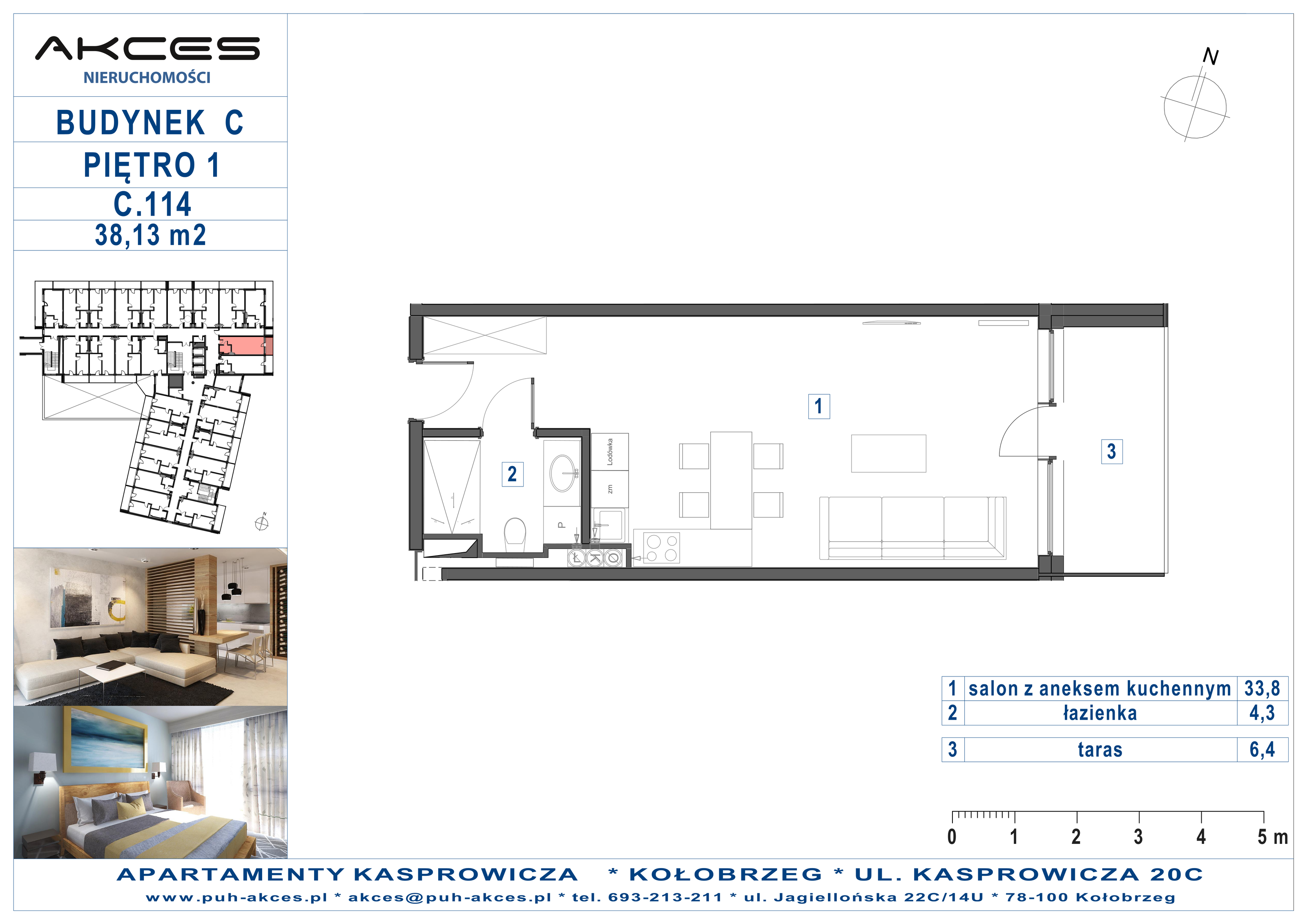 Apartament 38,13 m², piętro 1, oferta nr 114.C, Apartamenty Kasprowicza - 400 m od morza, Kołobrzeg, Osiedle Nr 7 Ogrody, ul. Kasprowicza 20C-idx