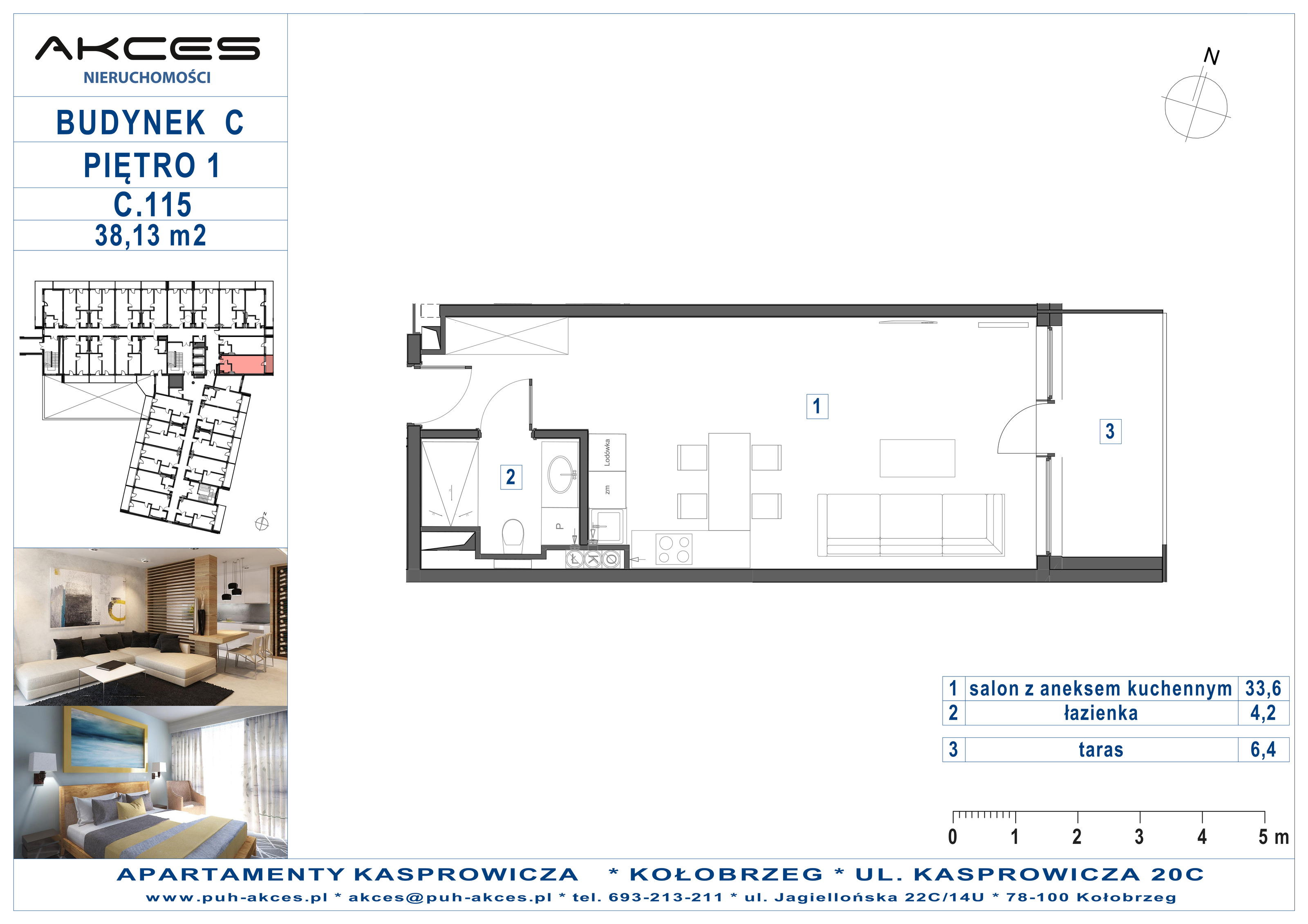 Apartament 38,13 m², piętro 1, oferta nr 115.C, Apartamenty Kasprowicza - 400 m od morza, Kołobrzeg, Osiedle Nr 7 Ogrody, ul. Kasprowicza 20C-idx