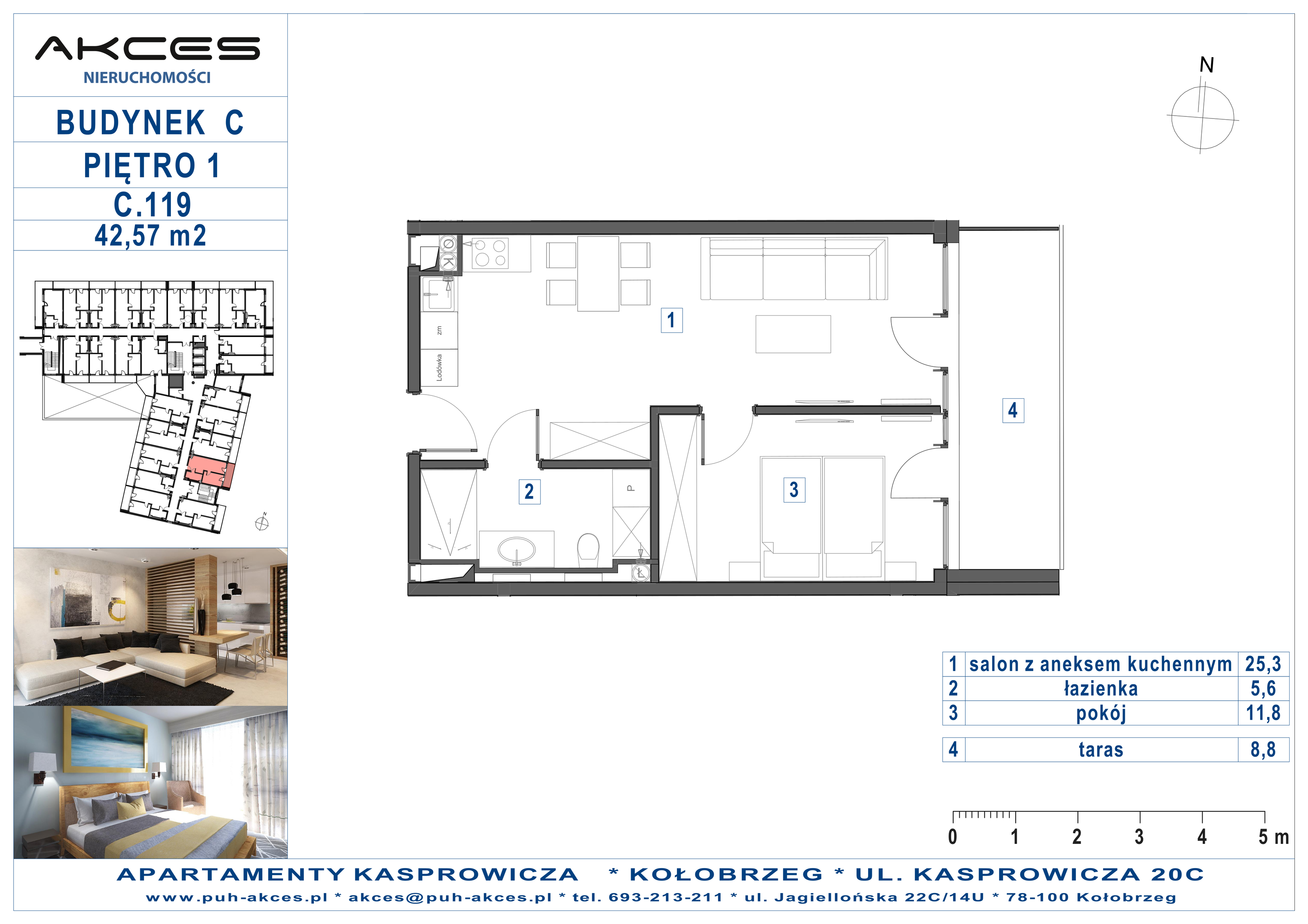 Apartament 42,57 m², piętro 1, oferta nr 119.C, Apartamenty Kasprowicza - 400 m od morza, Kołobrzeg, Osiedle Nr 7 Ogrody, ul. Kasprowicza 20C-idx