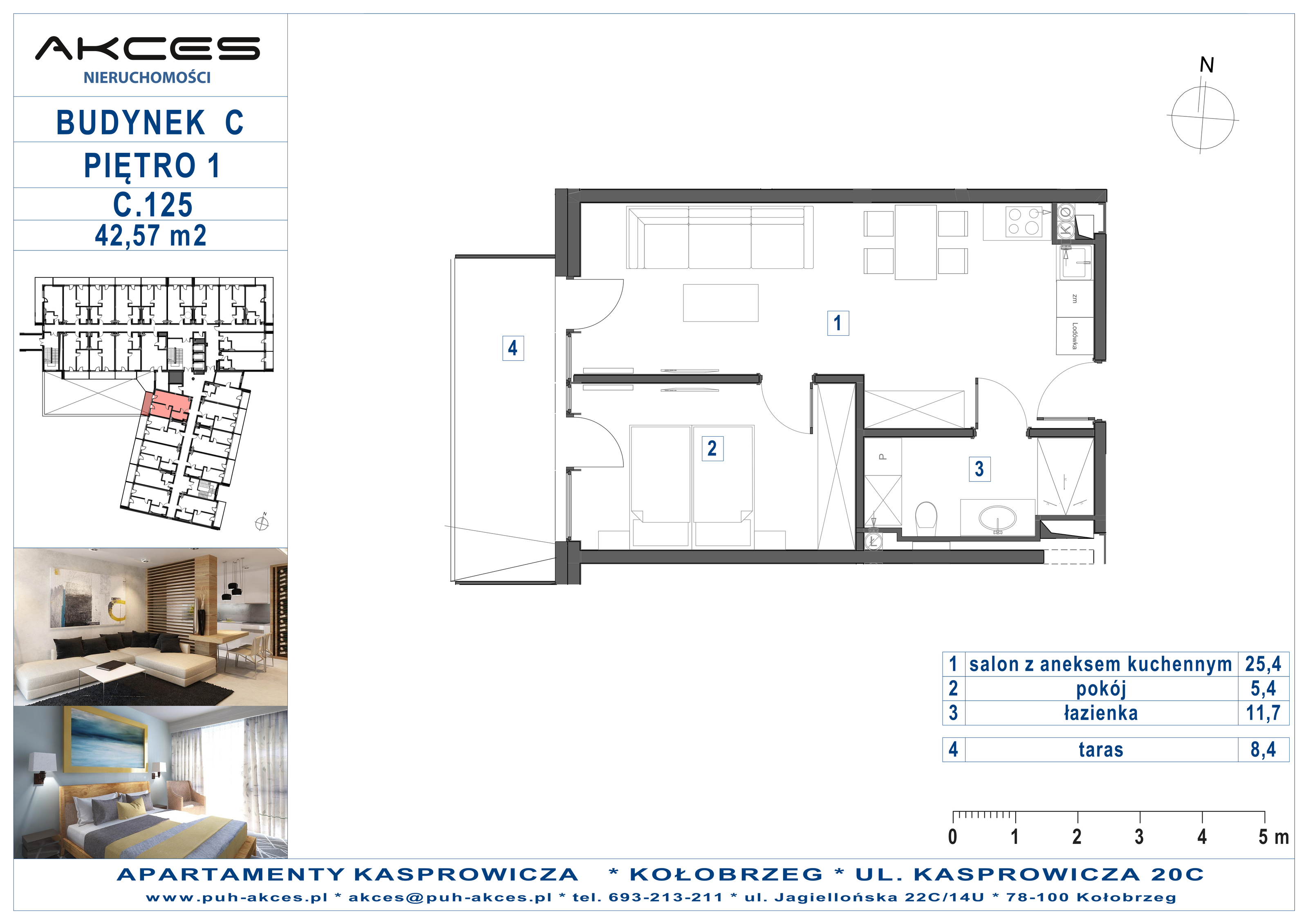 Apartament 42,57 m², piętro 1, oferta nr 125.C, Apartamenty Kasprowicza - 400 m od morza, Kołobrzeg, Osiedle Nr 7 Ogrody, ul. Kasprowicza 20C-idx