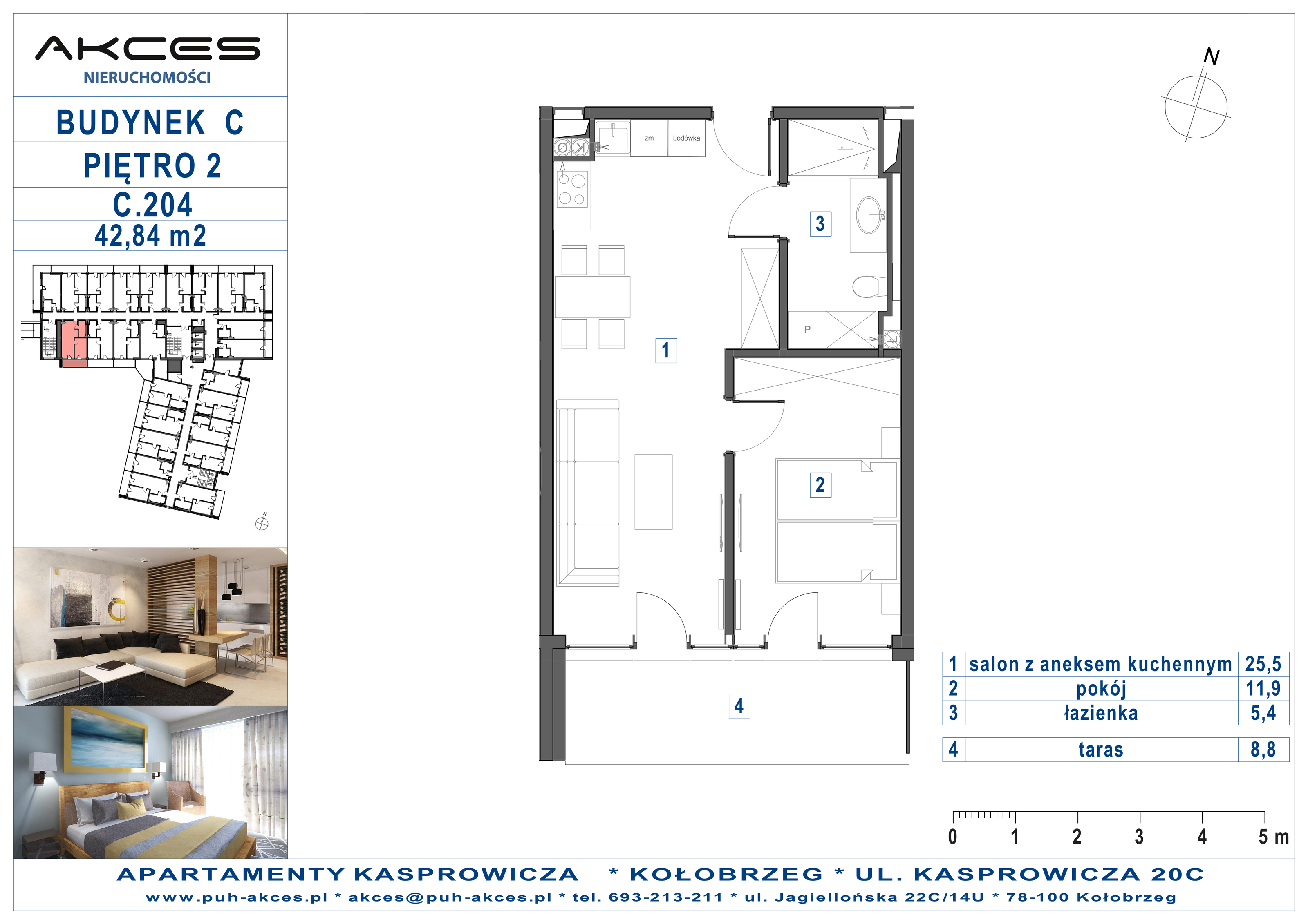 Apartament 42,84 m², piętro 2, oferta nr 204.C, Apartamenty Kasprowicza - 400 m od morza, Kołobrzeg, Osiedle Nr 7 Ogrody, ul. Kasprowicza 20C-idx