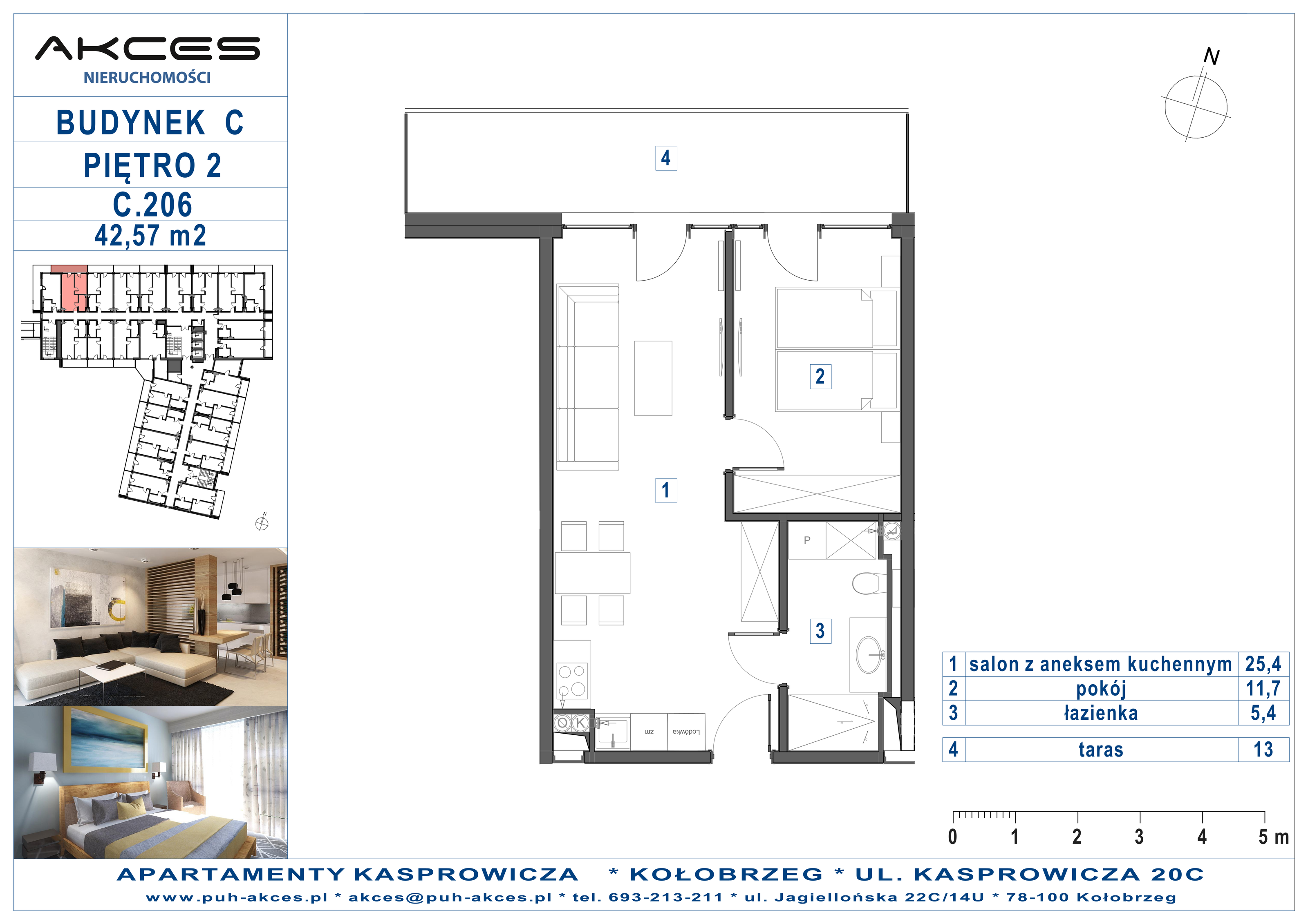 Apartament 42,57 m², piętro 2, oferta nr 206.C, Apartamenty Kasprowicza - 400 m od morza, Kołobrzeg, Osiedle Nr 7 Ogrody, ul. Kasprowicza 20C-idx